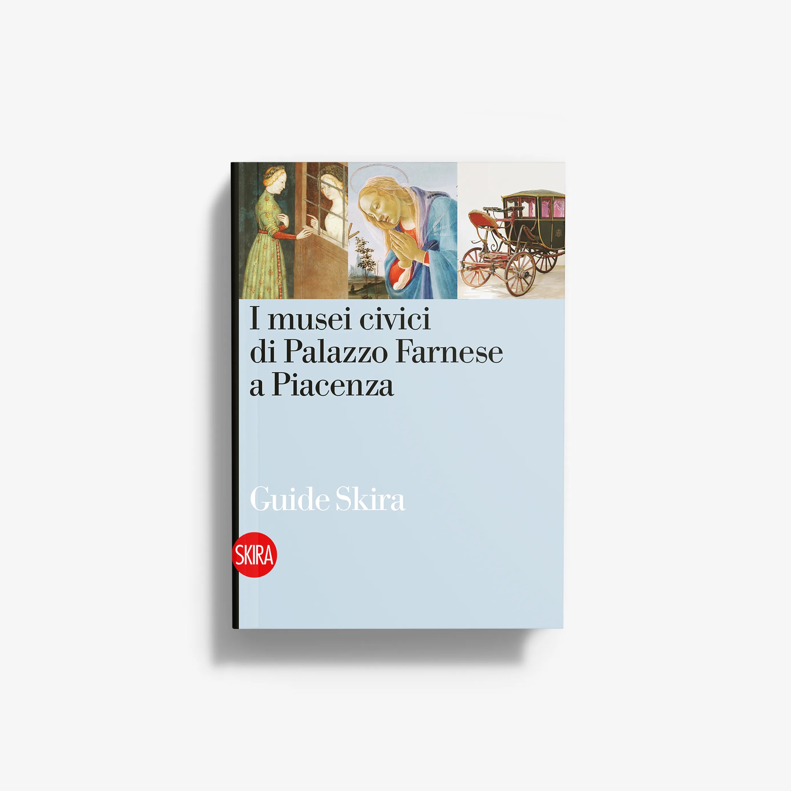 Guidebook cover: Palazzo Farnese civic museums in Piacenza, blue with artwork, Skira