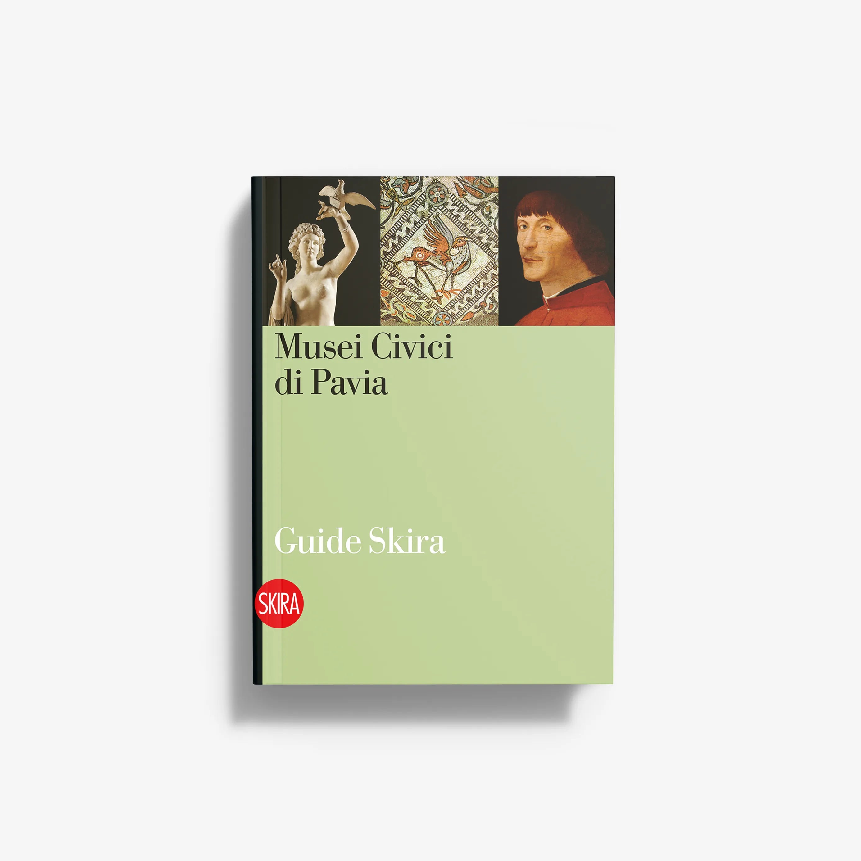 Green book cover for Musei Civici di Pavia guide, with artwork and SKIRA logo