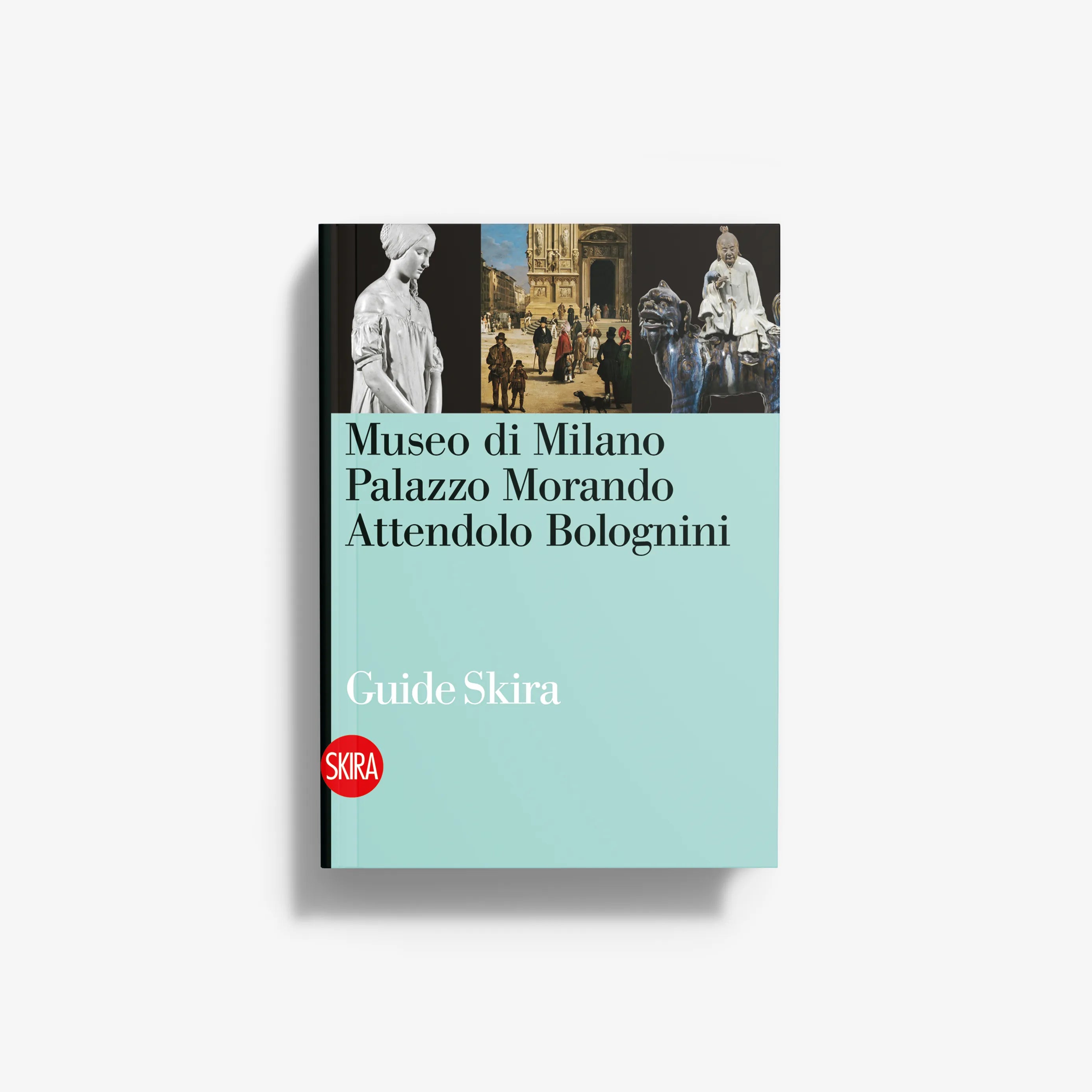 Milan museum palace guidebook with sculptures on soft blue cover