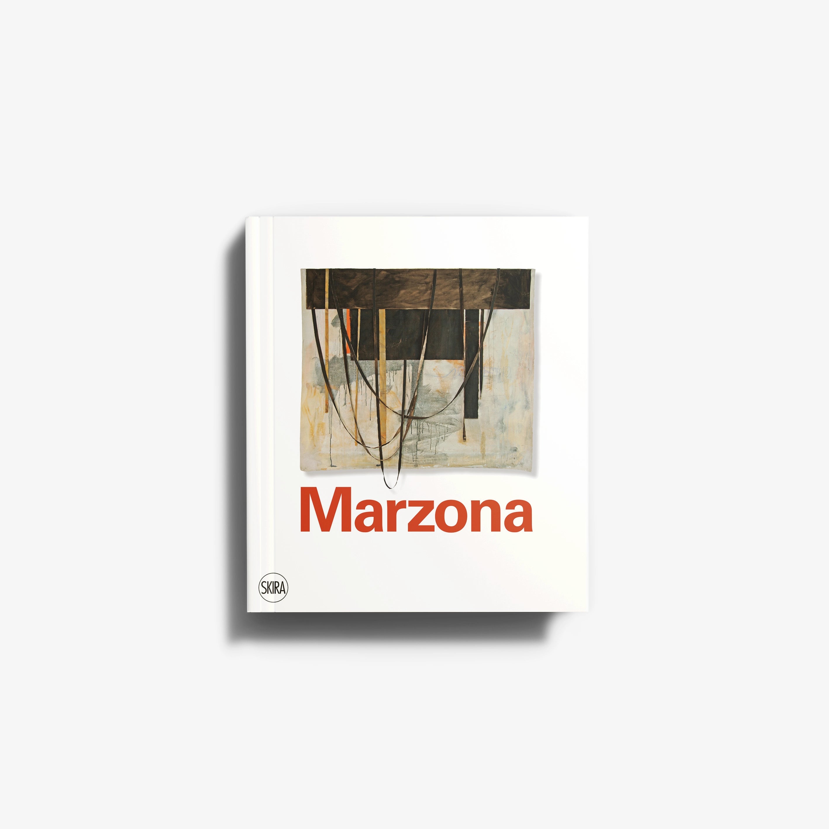 Contemporary art book by Skira Arte titled Renzo Marzona with abstract brown and black artwork and gold vertical lines