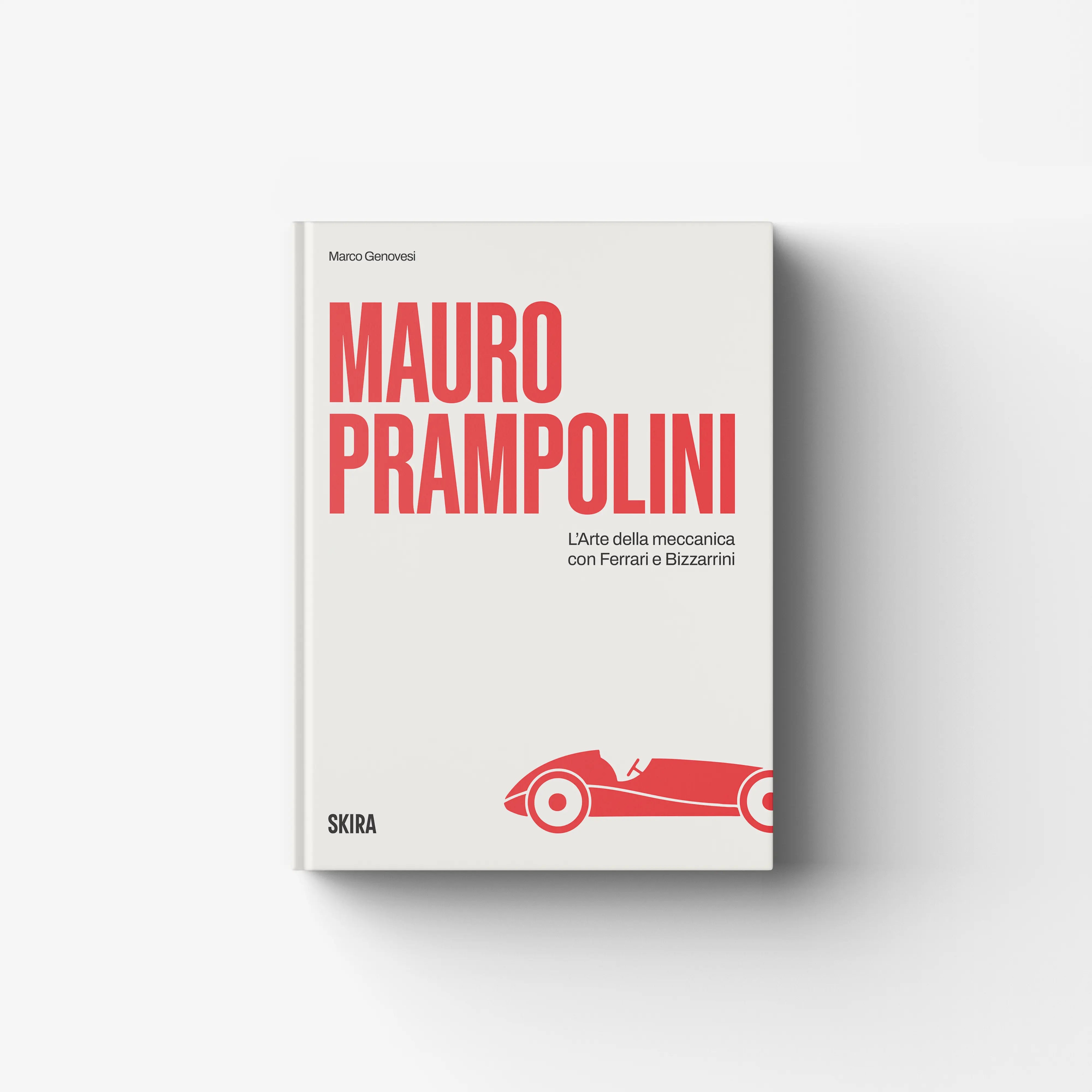 Motoring book by Skira Arte with Mauro Prampolini cover, white with red text and car illustration