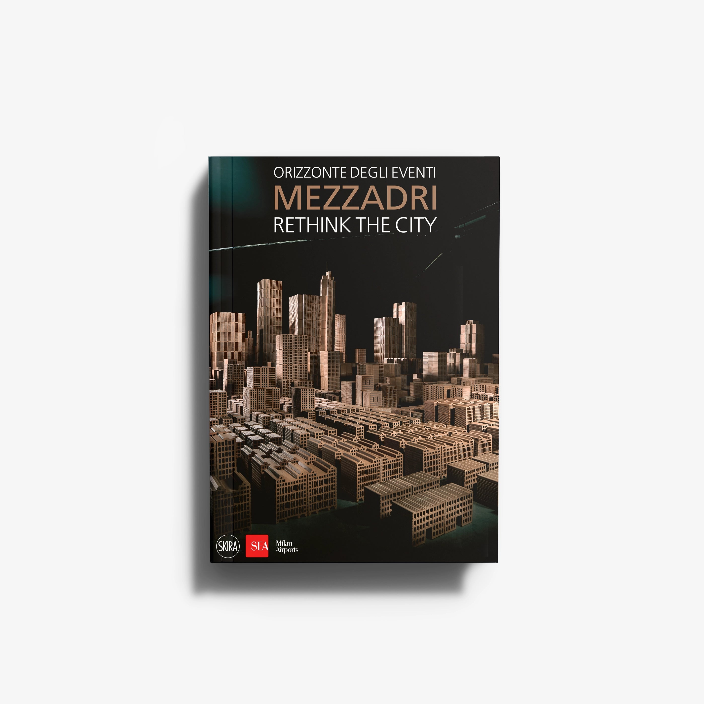 Contemporary art catalogue Matteo Mezzadri for Skira Arte, black cover with city skyline and perforated brick pattern