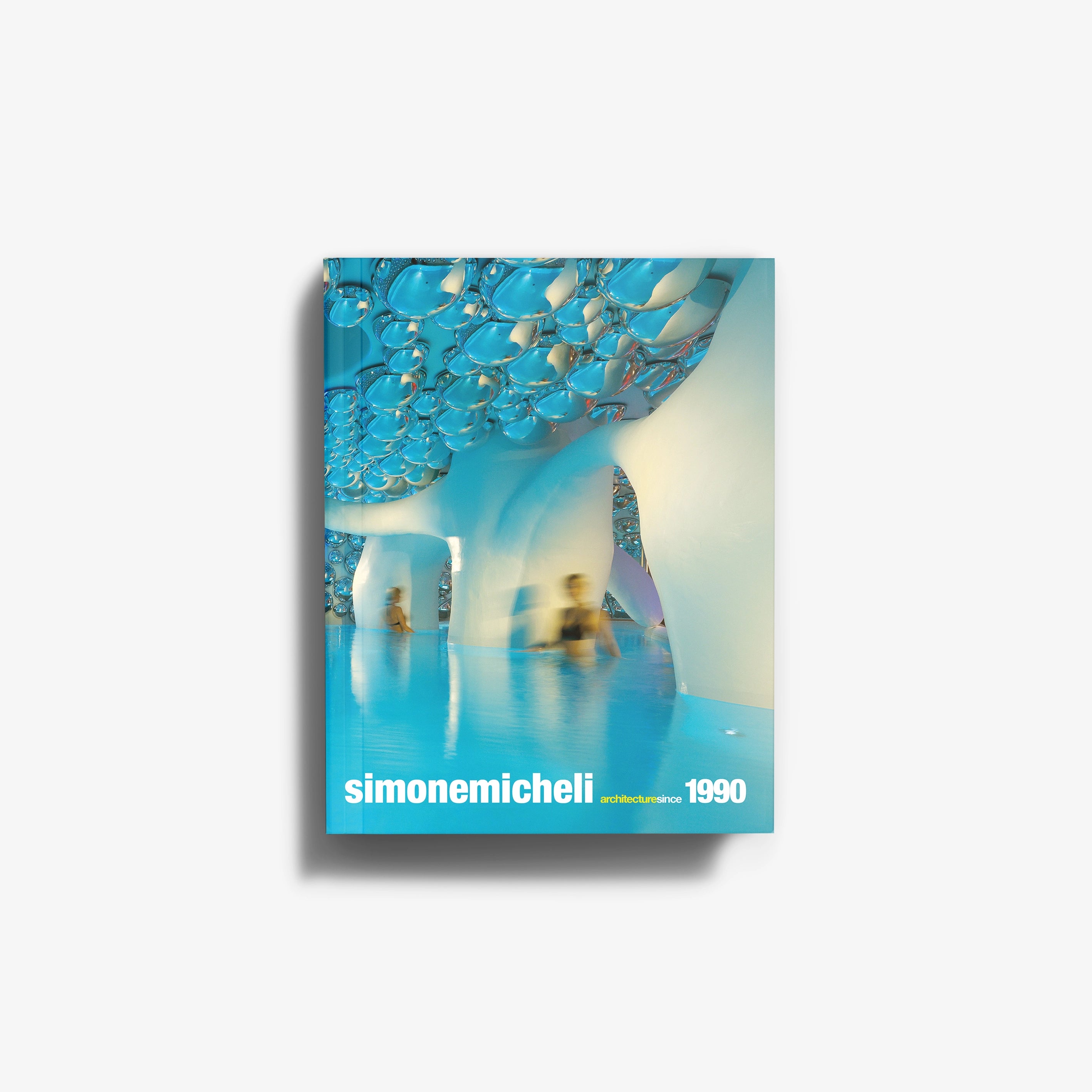 Architecture book cover with turquoise abstract bubbles, Skira Arte, Simone Micheli, visual design and communication as theme