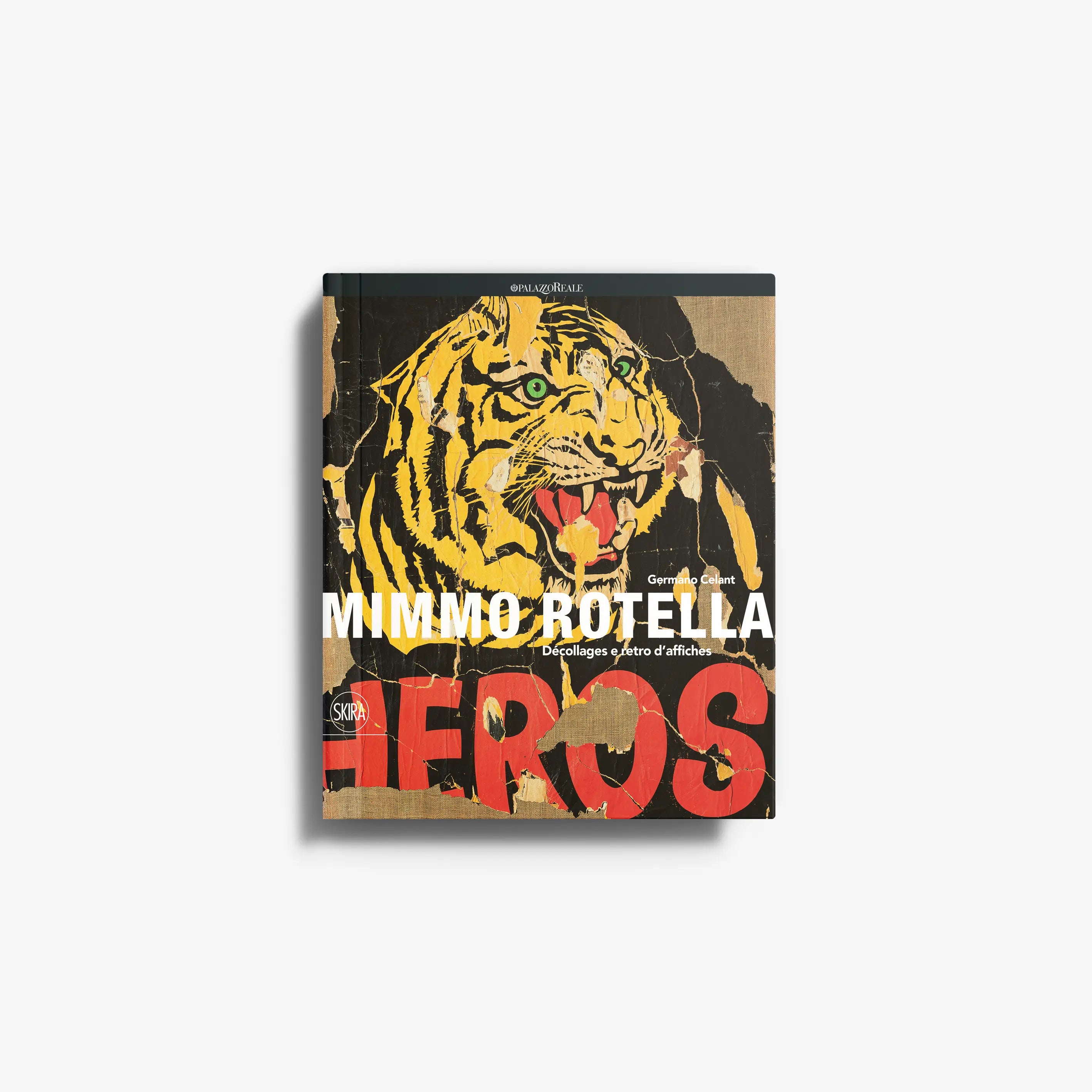 Mimmo Rotella art book cover with tiger portrait and bold retro poster typography