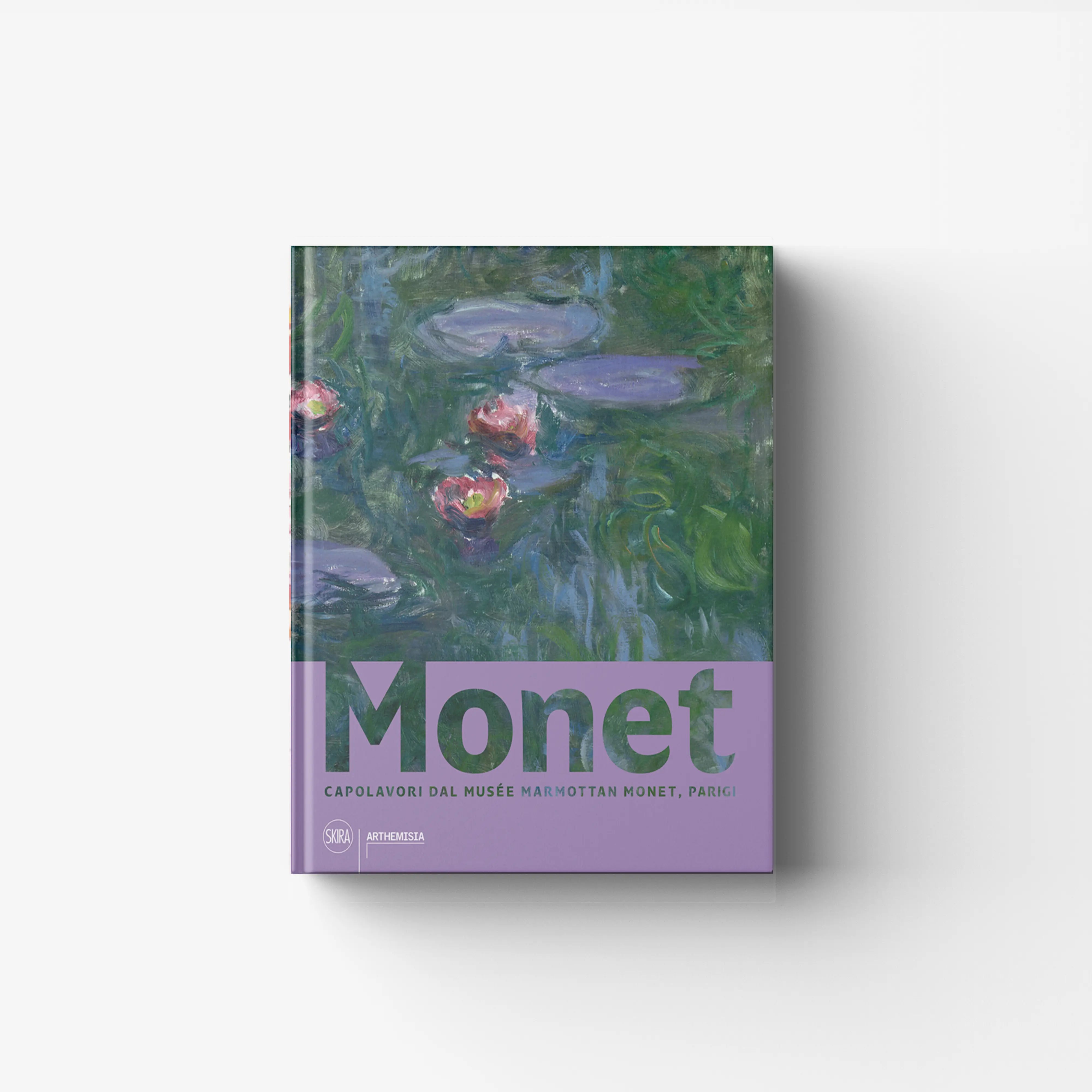 Art print Monet by Skira Arte with water lilies in Giverny garden theme, green and purple tones