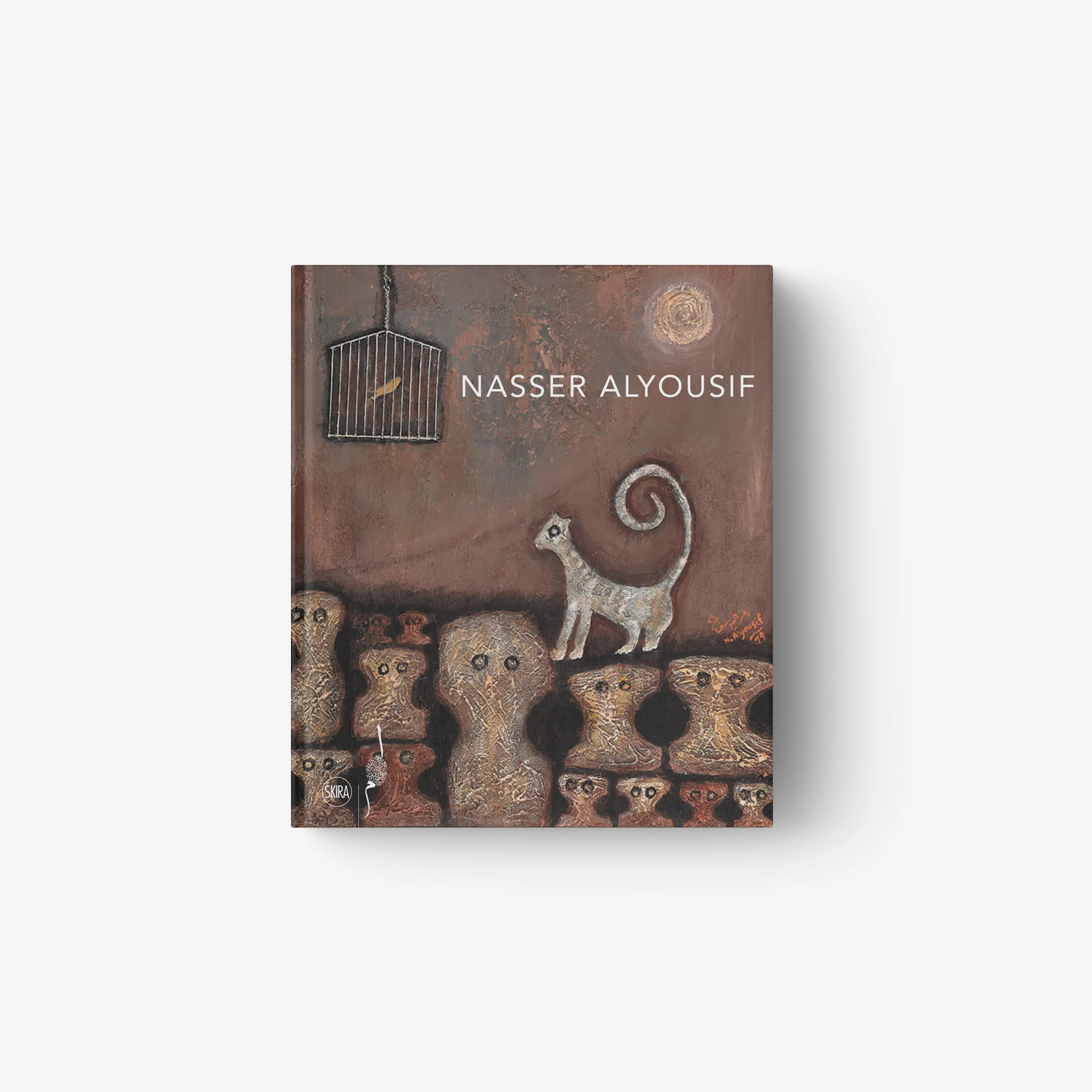 Contemporary art artwork by Skira Arte, Nasser Alyousif, in rust brown with caged bird and swirling spiral details
