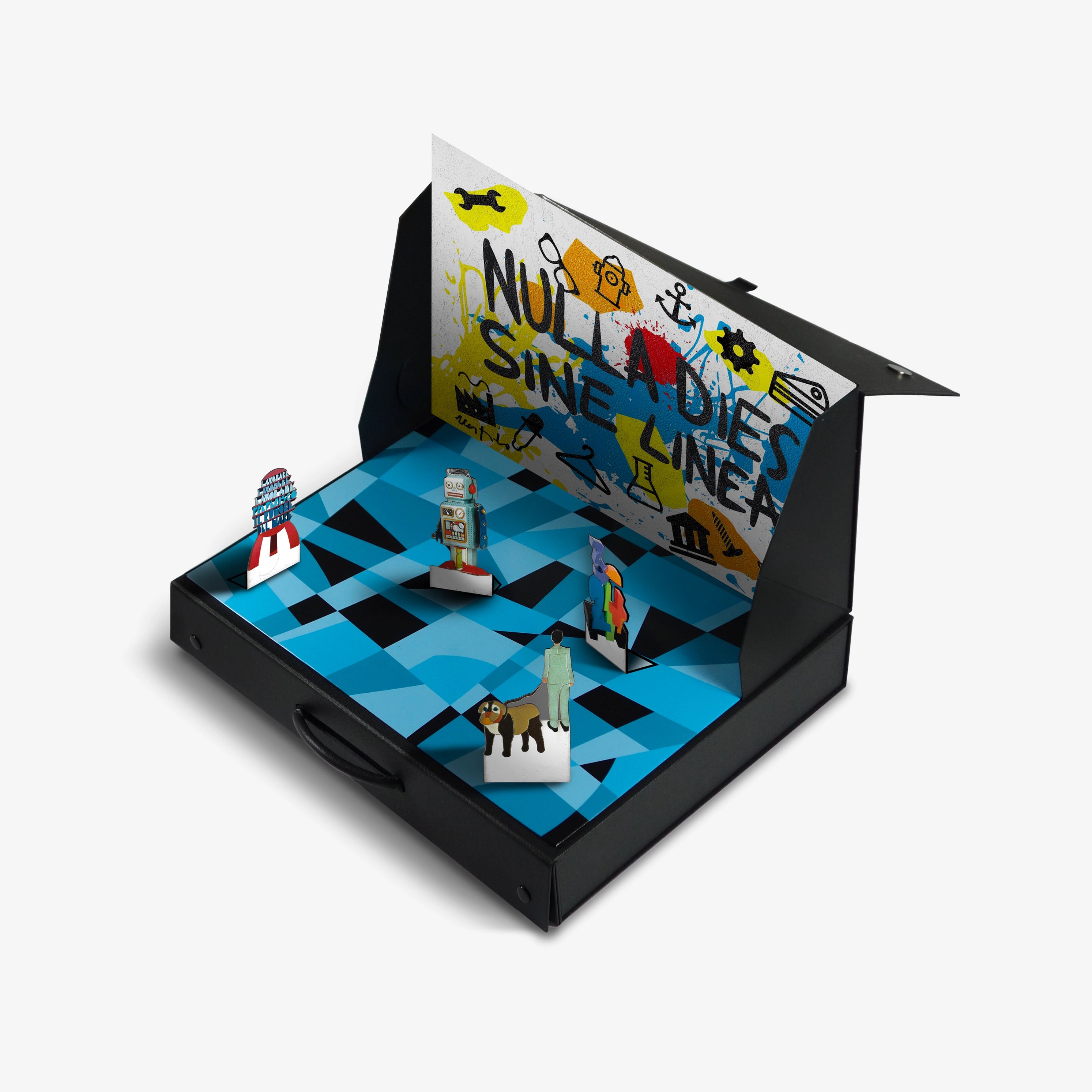 Black and blue checkerboard display with colorful abstract paper sculptures and "No lines, no sides" text inside lid.