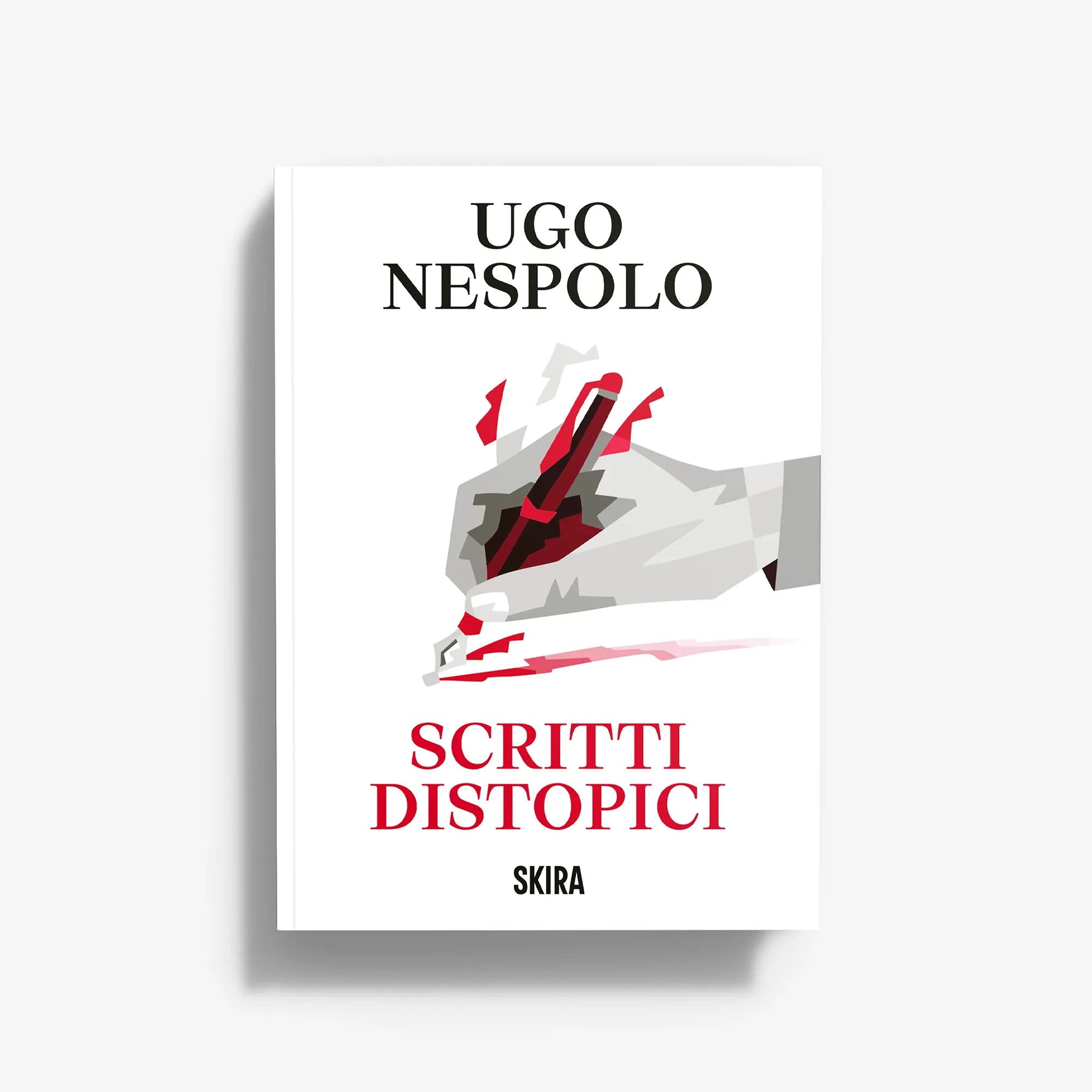 Art book cover with Ugo Nespolo title, Scritti distopici, SKIRA, red graphics