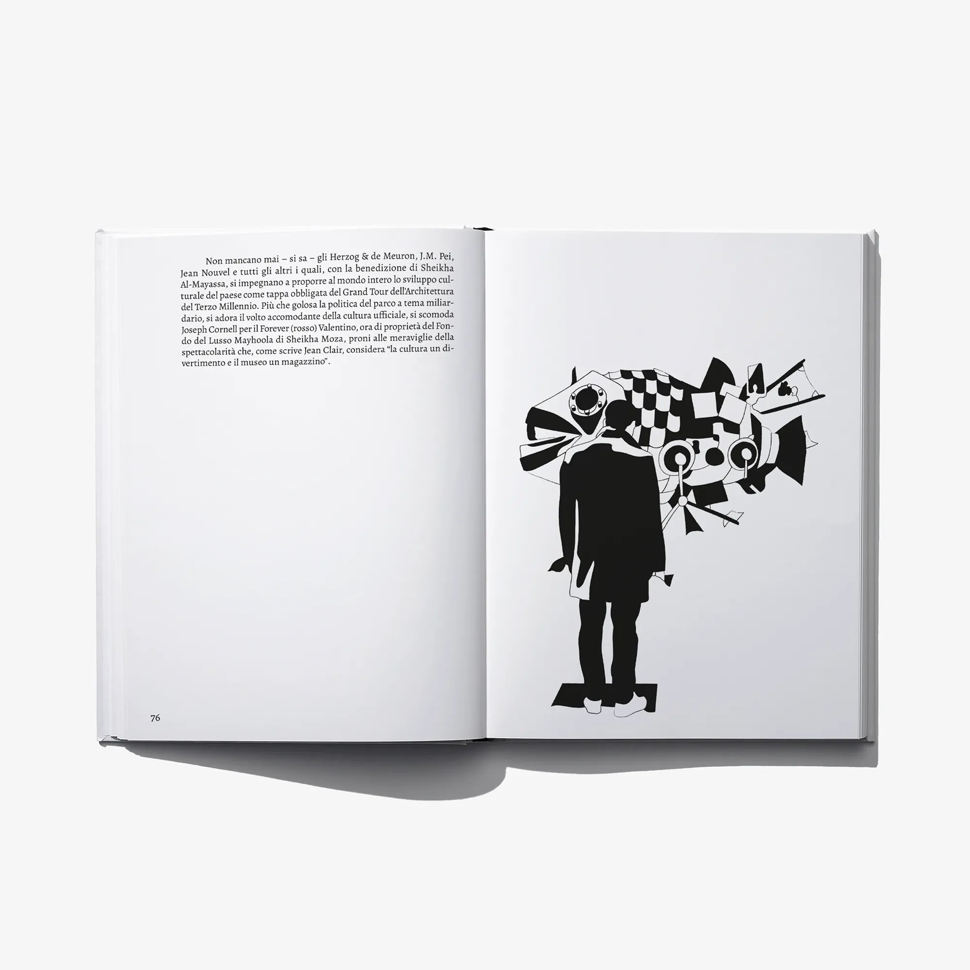 Open art book spread with illustrated black figure and Italian text