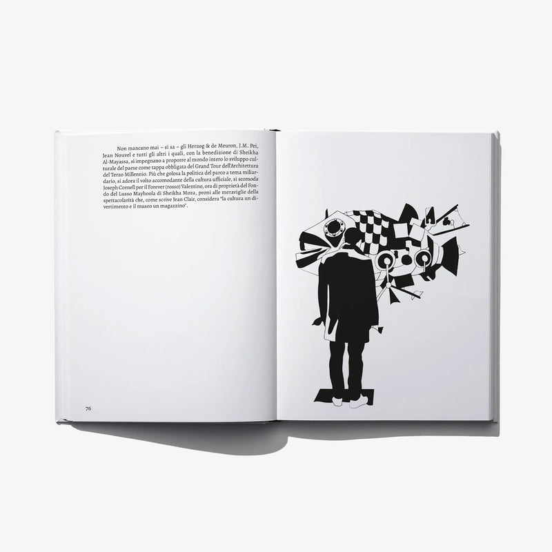 Open art book spread with illustrated black figure and Italian text