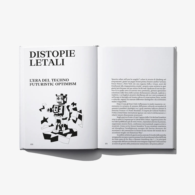 Open art book spread titled DISTOPIE LETALI with robot-style illustration and text