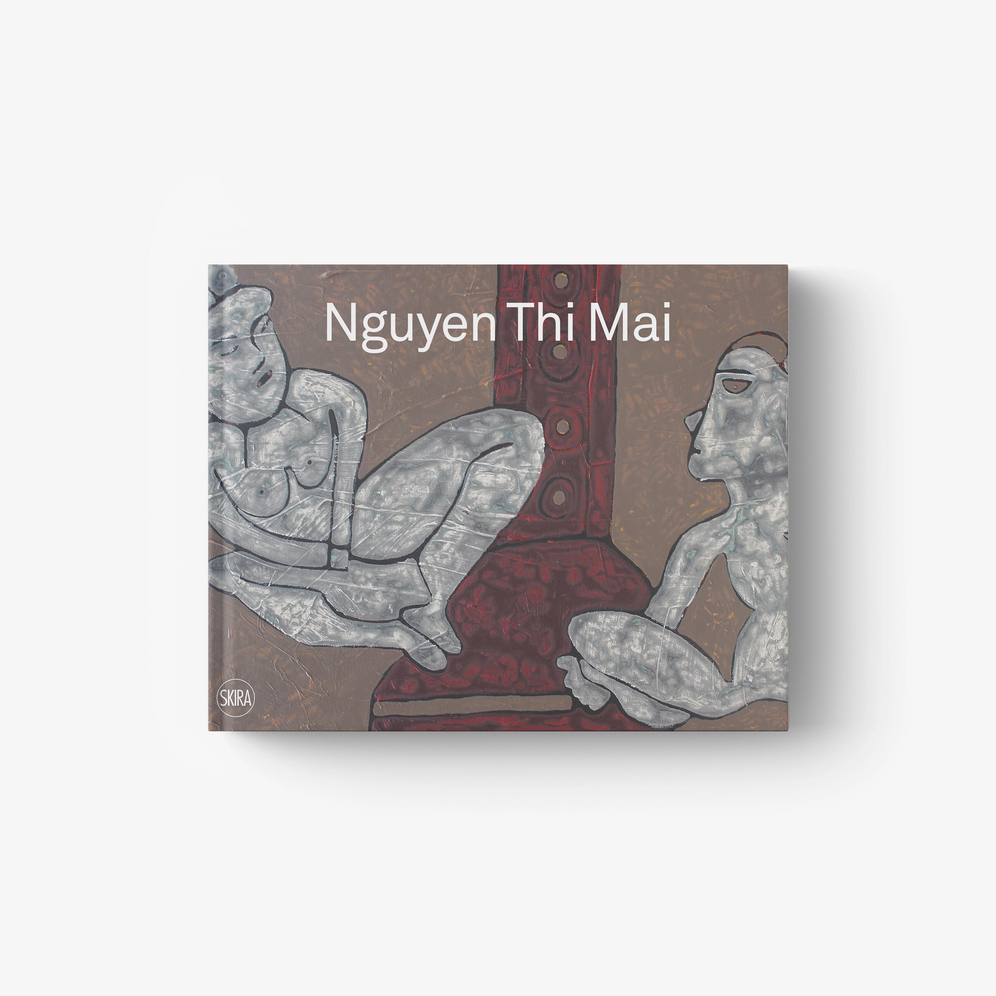 Contemporary artwork featuring two abstract gray human figures with textured backgrounds and red vertical element.