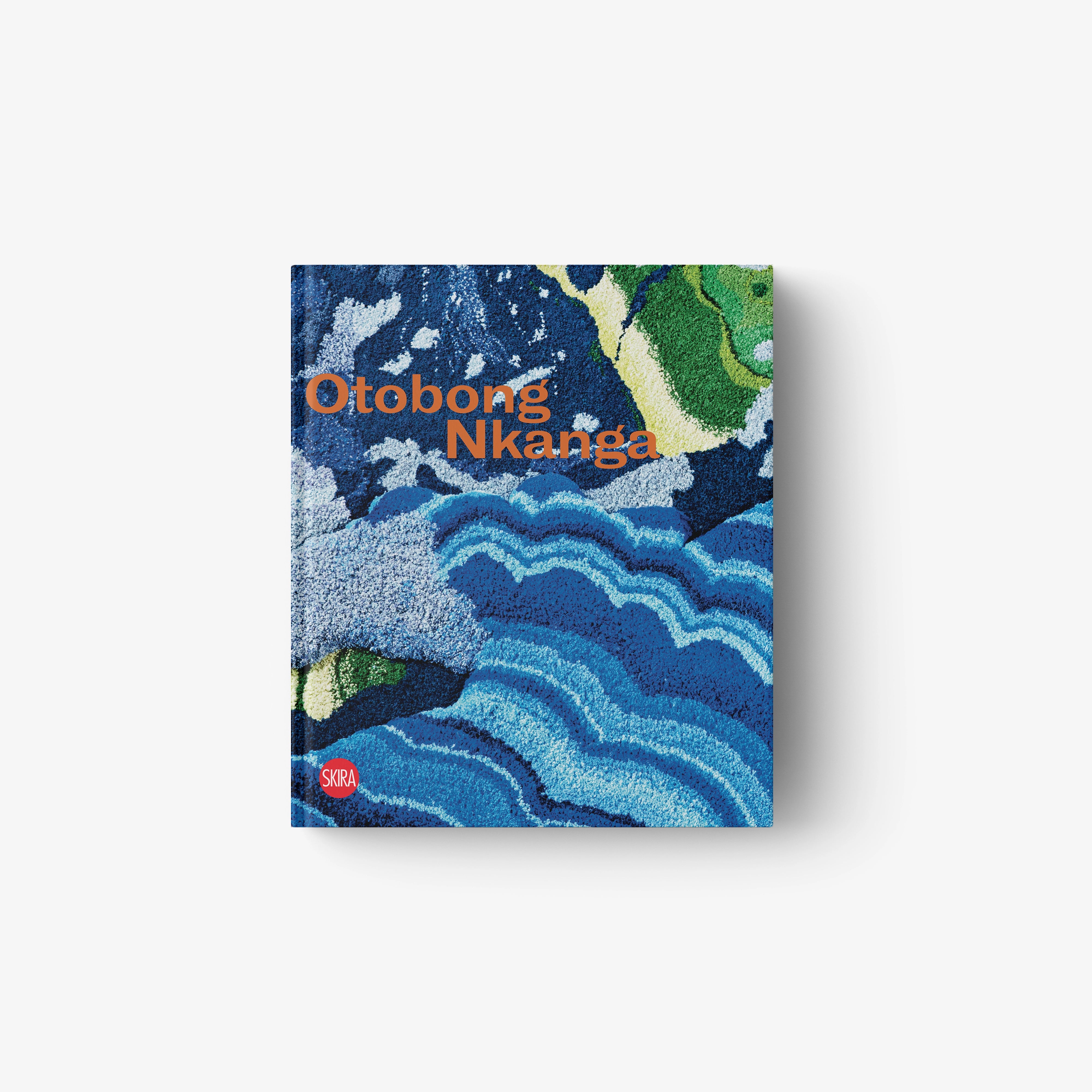 Abstract blue and green book cover with Otobong Nkanga title and waves