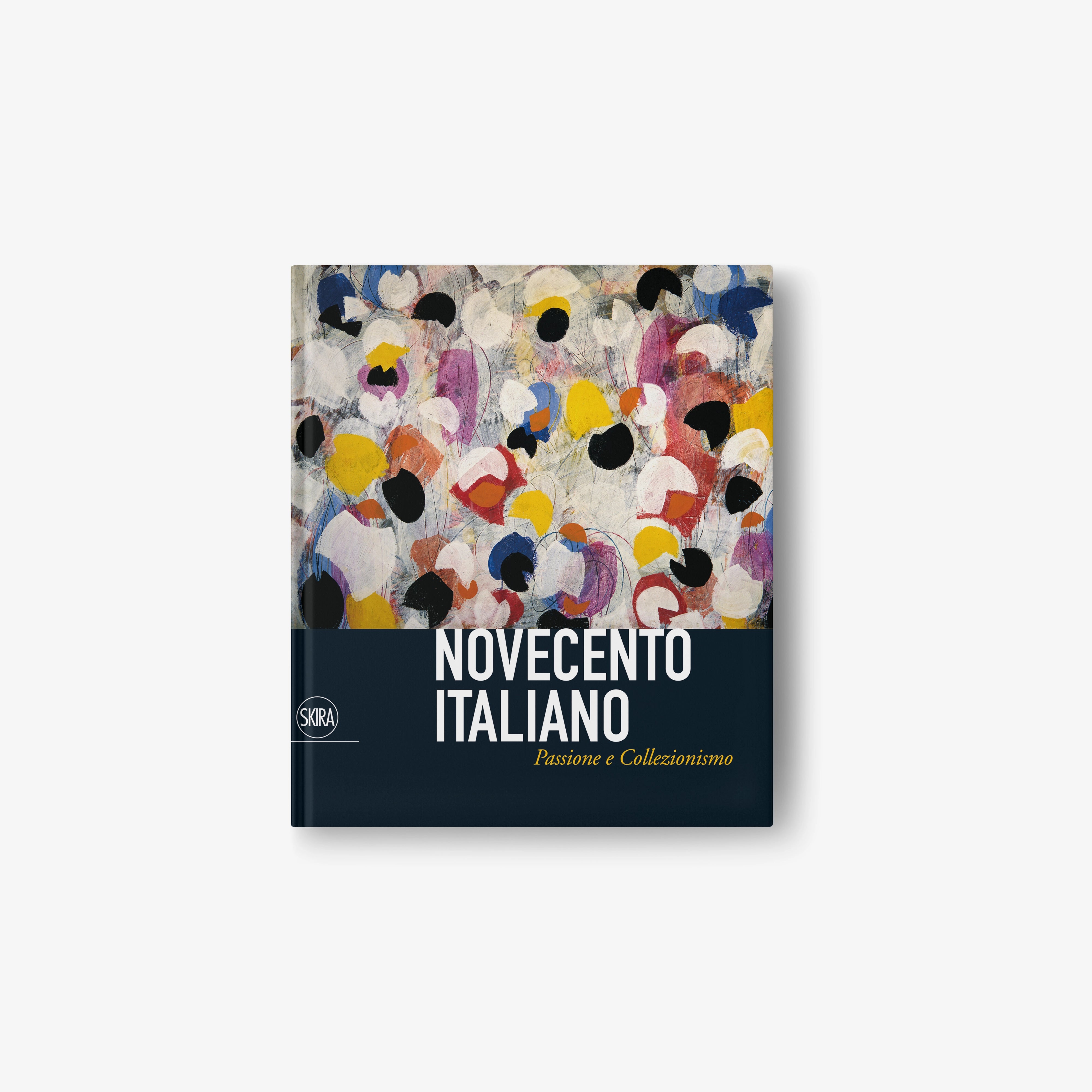 Italian Novecento book cover with colorful abstract artwork and dark title panel