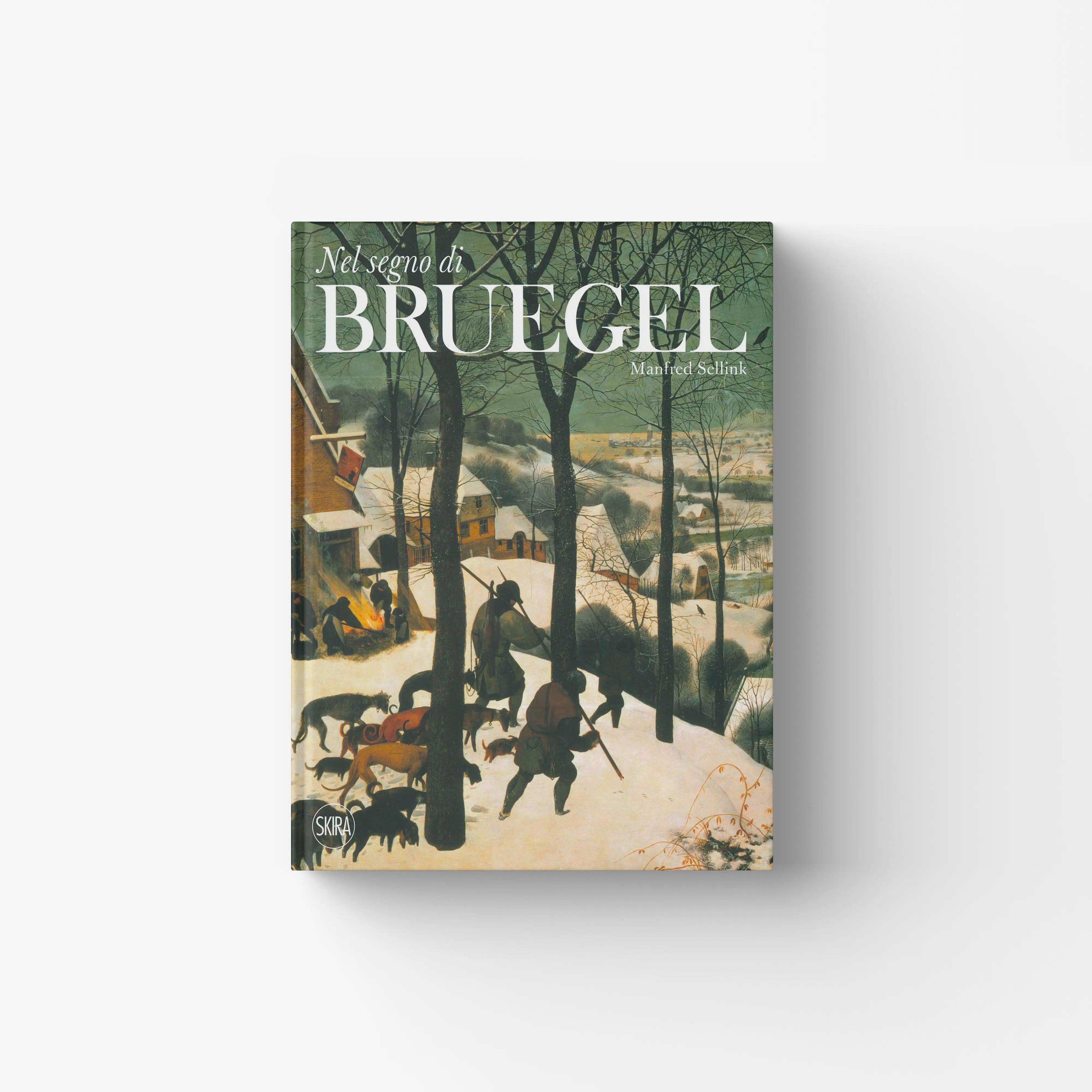 Art book in green with Skira Arte branding, Nel segno di Bruegel cover, with reproductions of paintings and drawings