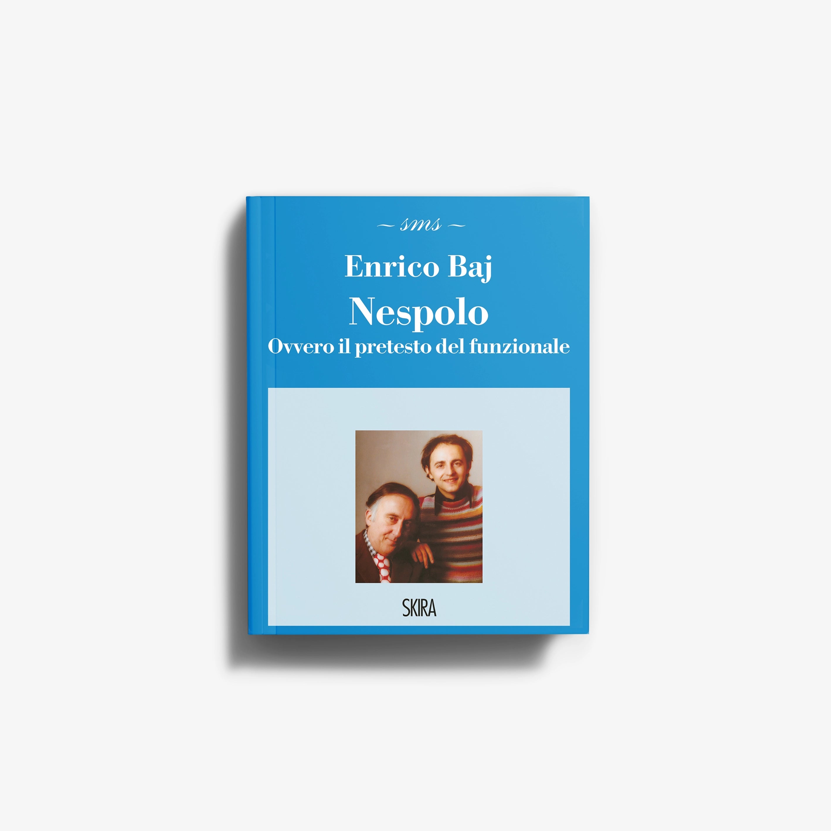 Contemporary art book in blue with Skira Arte branding, Enrico Baj Nespolo, critical essays and artist writings