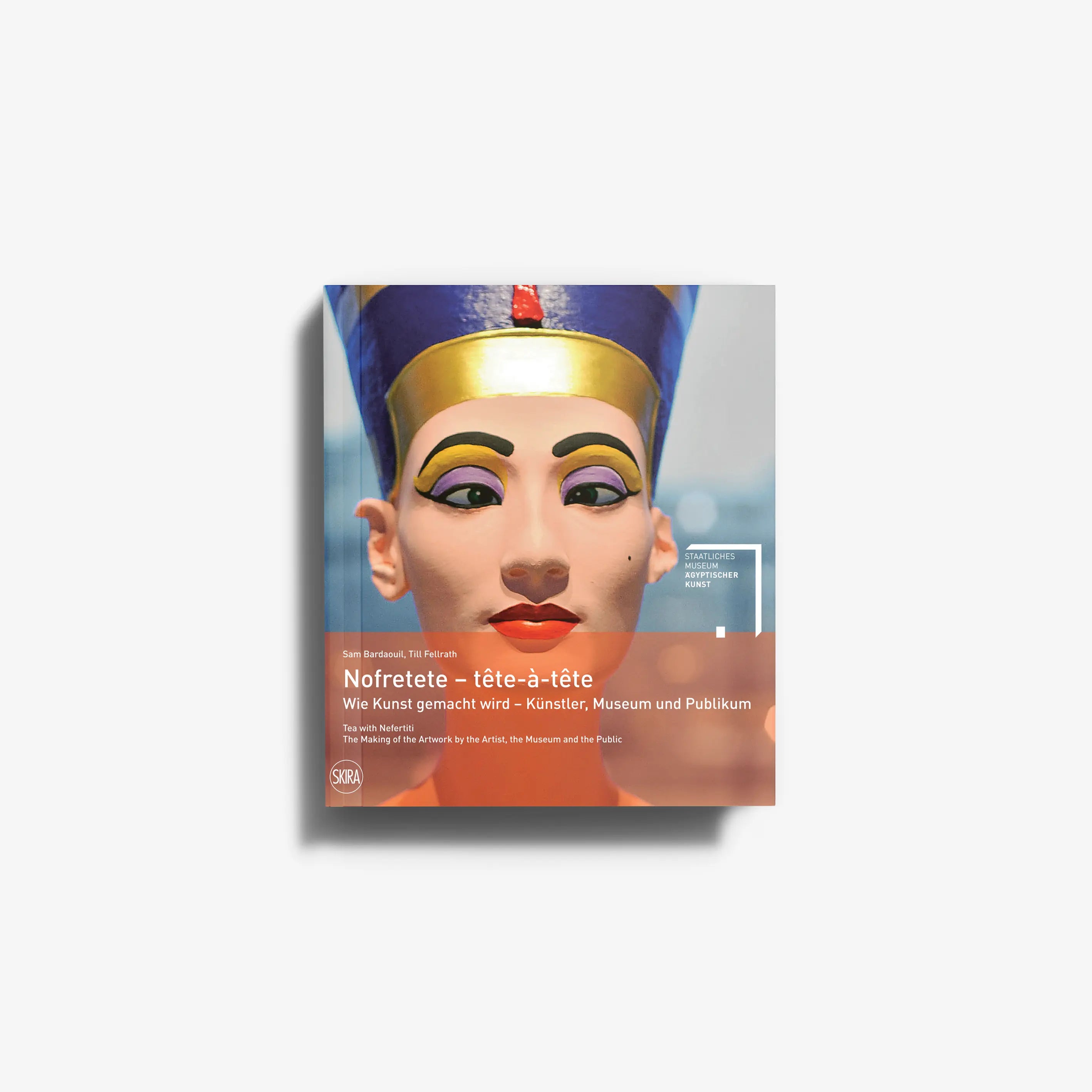 Nefertiti face-to-face art book cover with stylized gold headdress bust
