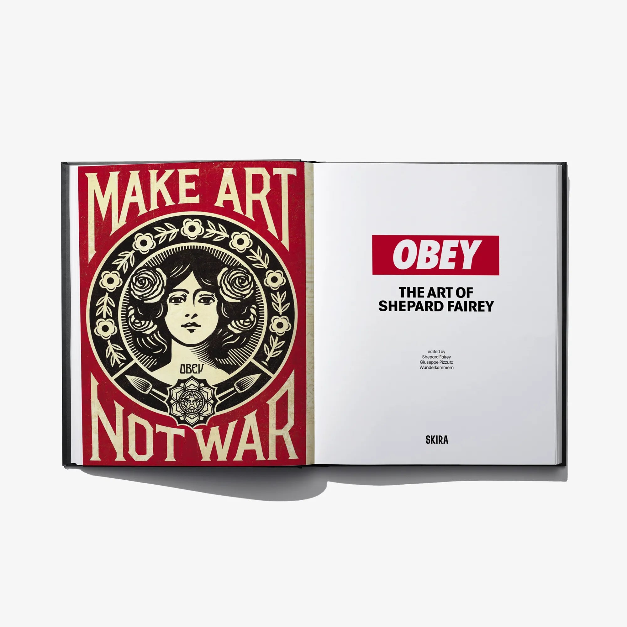 Hardcover art book with “MAKE ART NOT WAR” poster graphic and “OBEY” title on inner cover