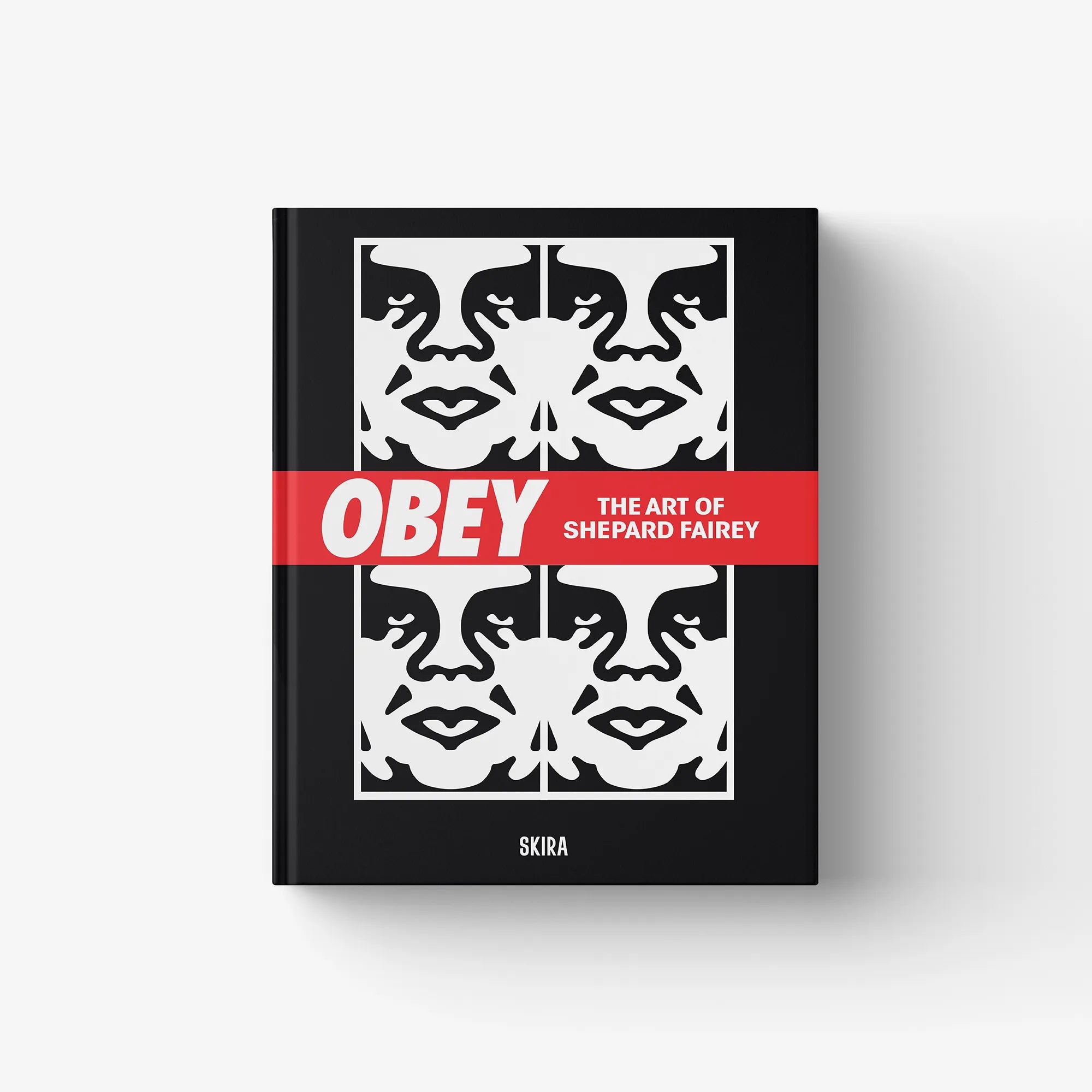 Hardcover art book cover with patterned faces, red “OBEY” band, and “SKIRA” logo