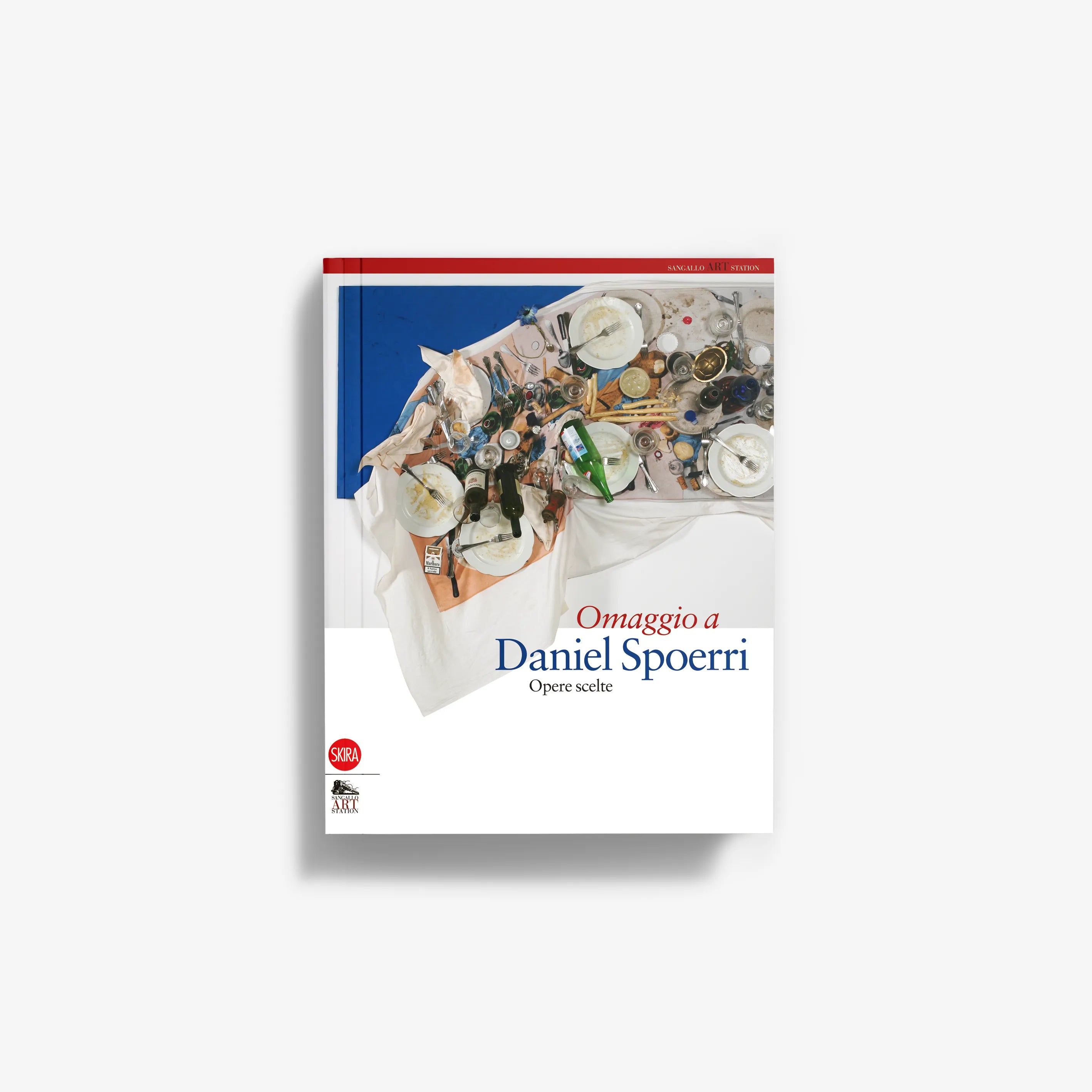 Daniel Spoerri tribute art book with collage cover, blue and white text