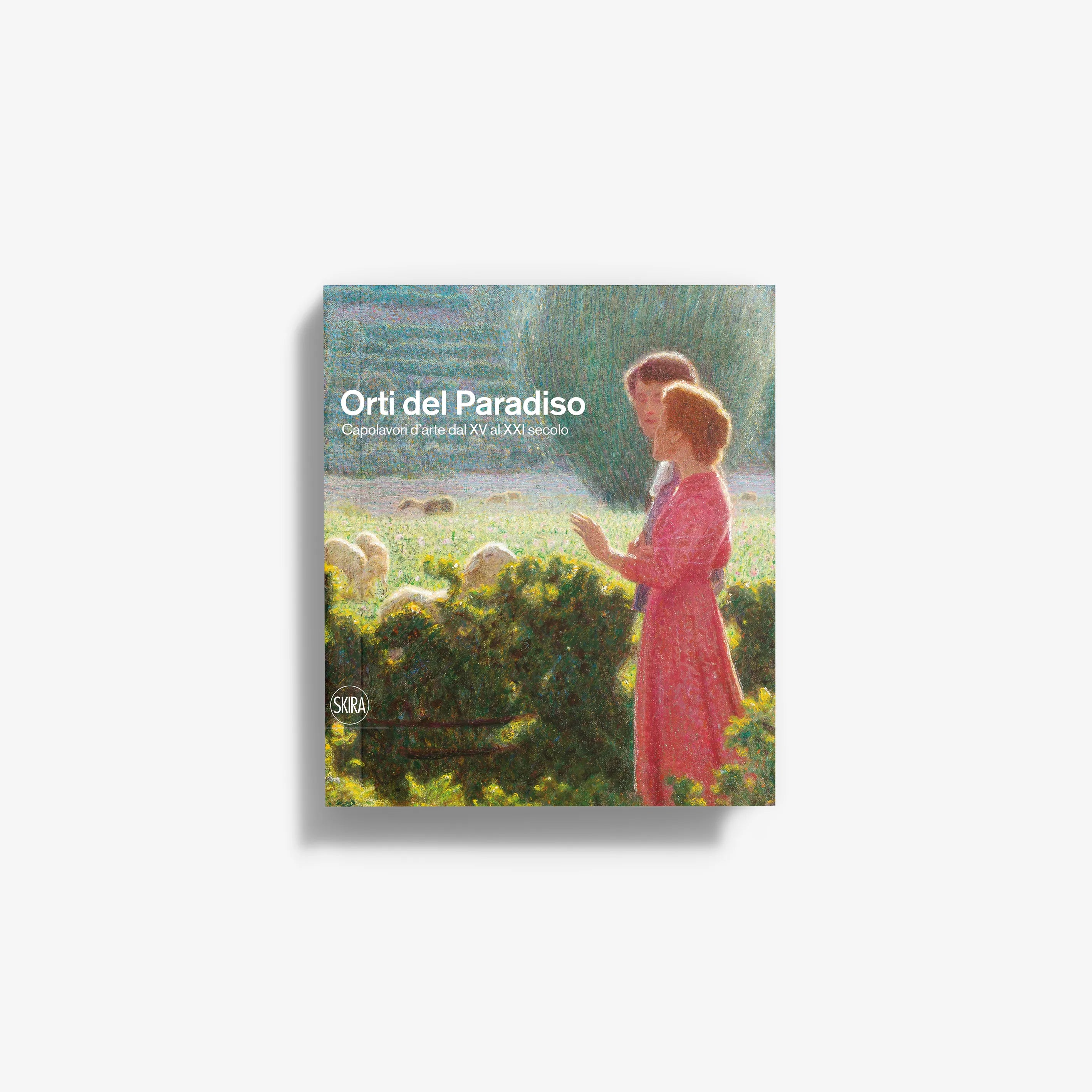 Orchards of Paradise book cover with girl in red dress and garden illustration