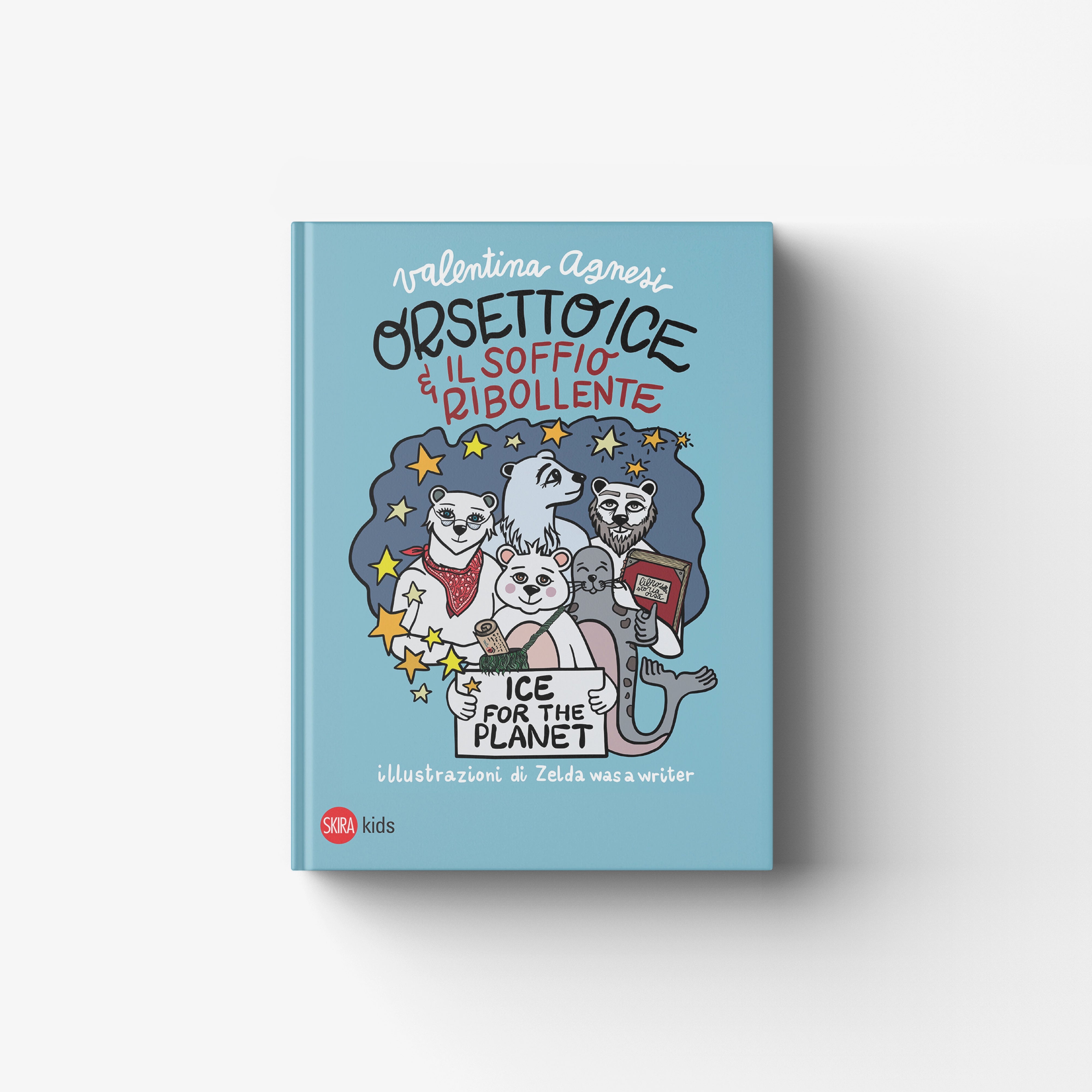 Children's illustrated book by Skira Arte with polar bear and seal adventure, light blue cover with illustrated animals