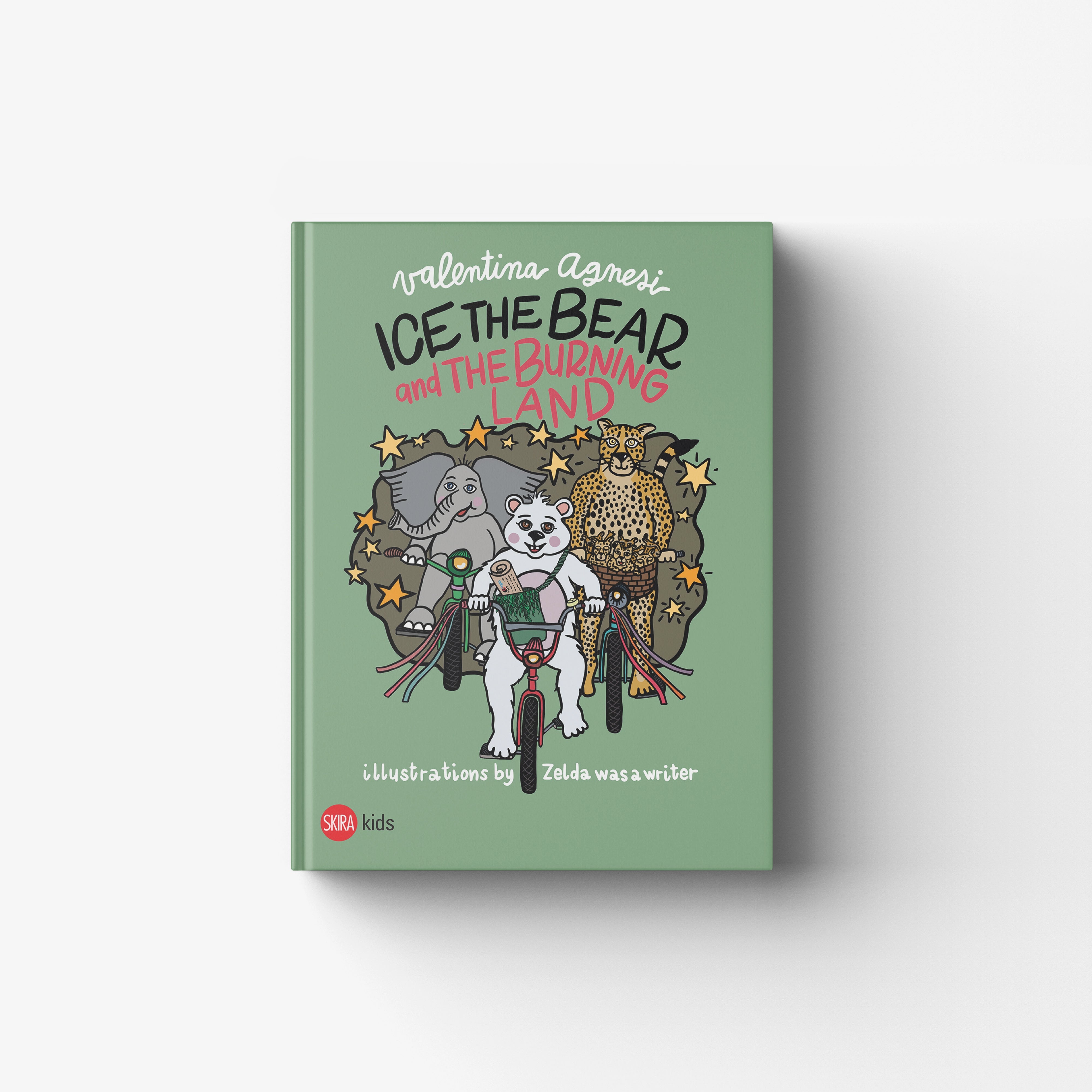 Children's environmental adventure book in sage green with Skira Arte branding, featuring wildfires and habitat loss