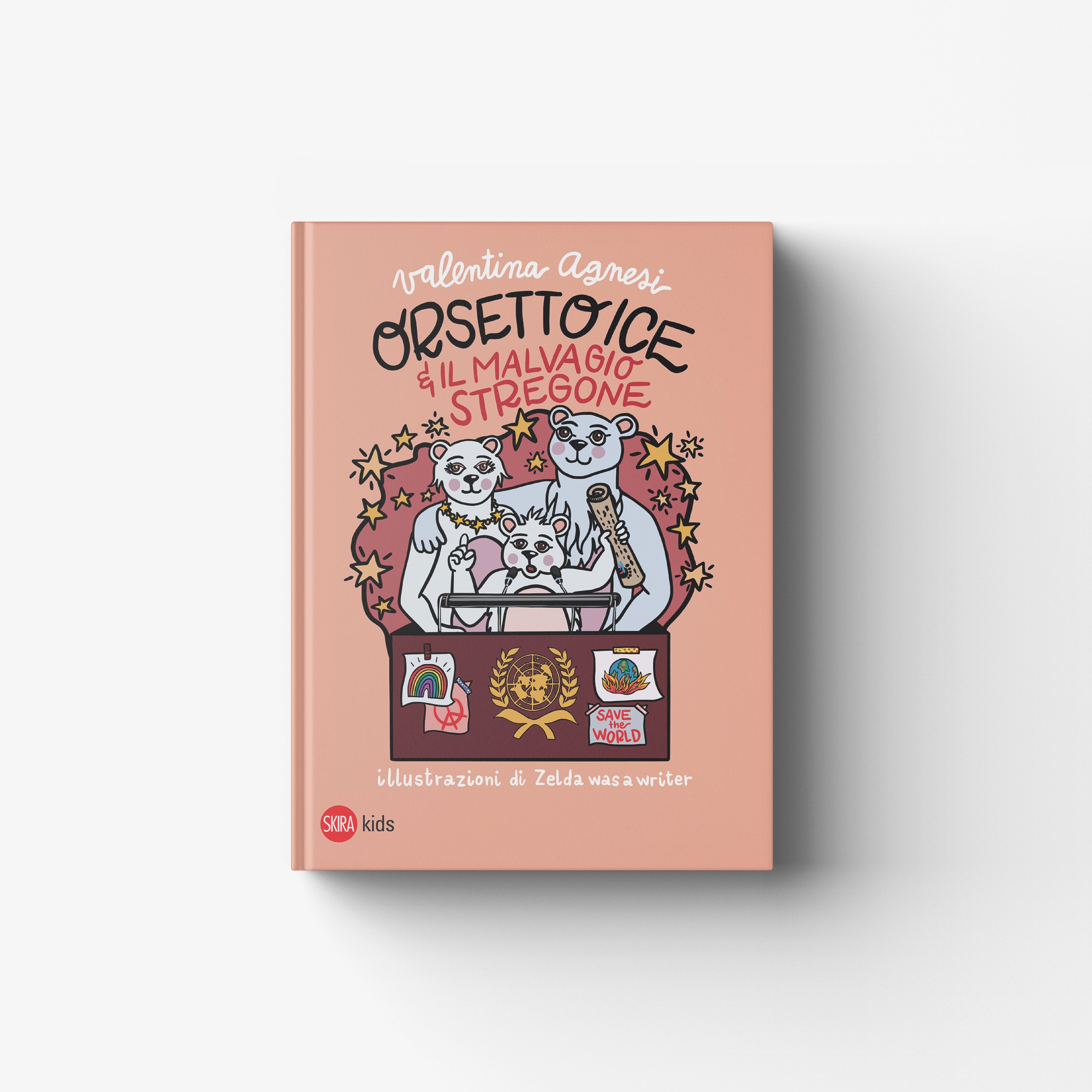 Children's illustrated book by Skira Arte in peach cover with polar bear story format and animal rescue theme