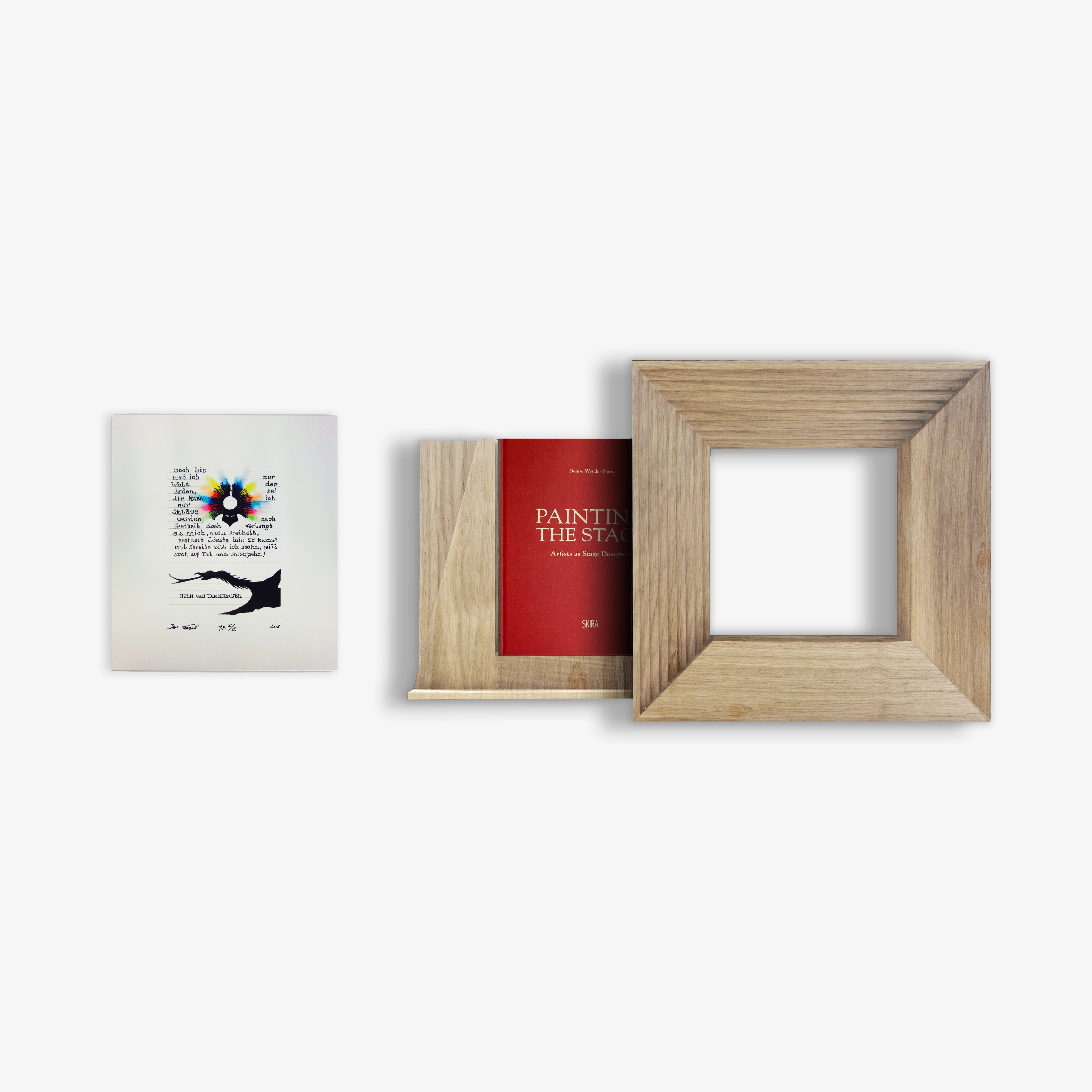 Limited edition framed art print with wooden frame and red book, plus white booklet