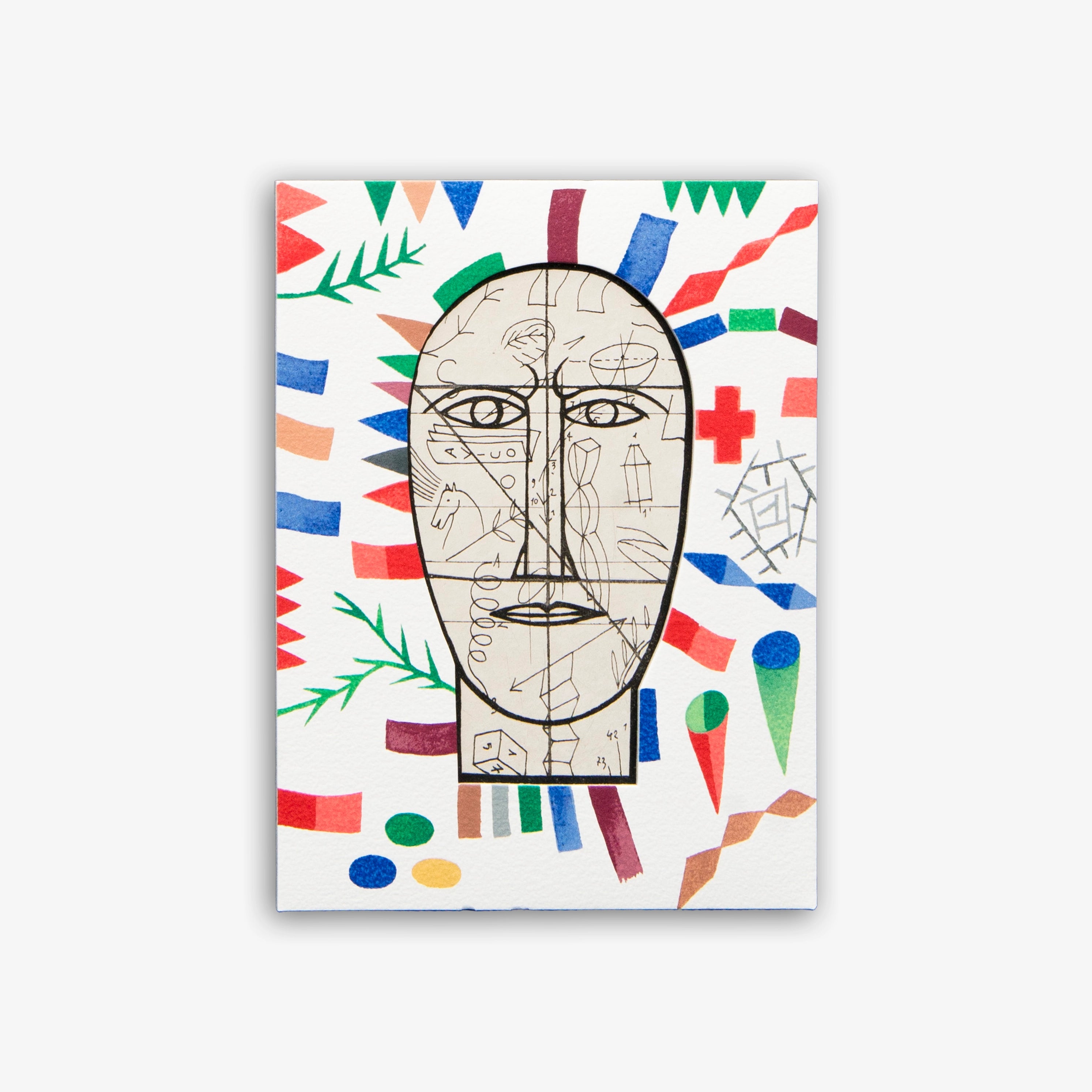 Limited edition abstract face artwork print with line drawing and colorful background