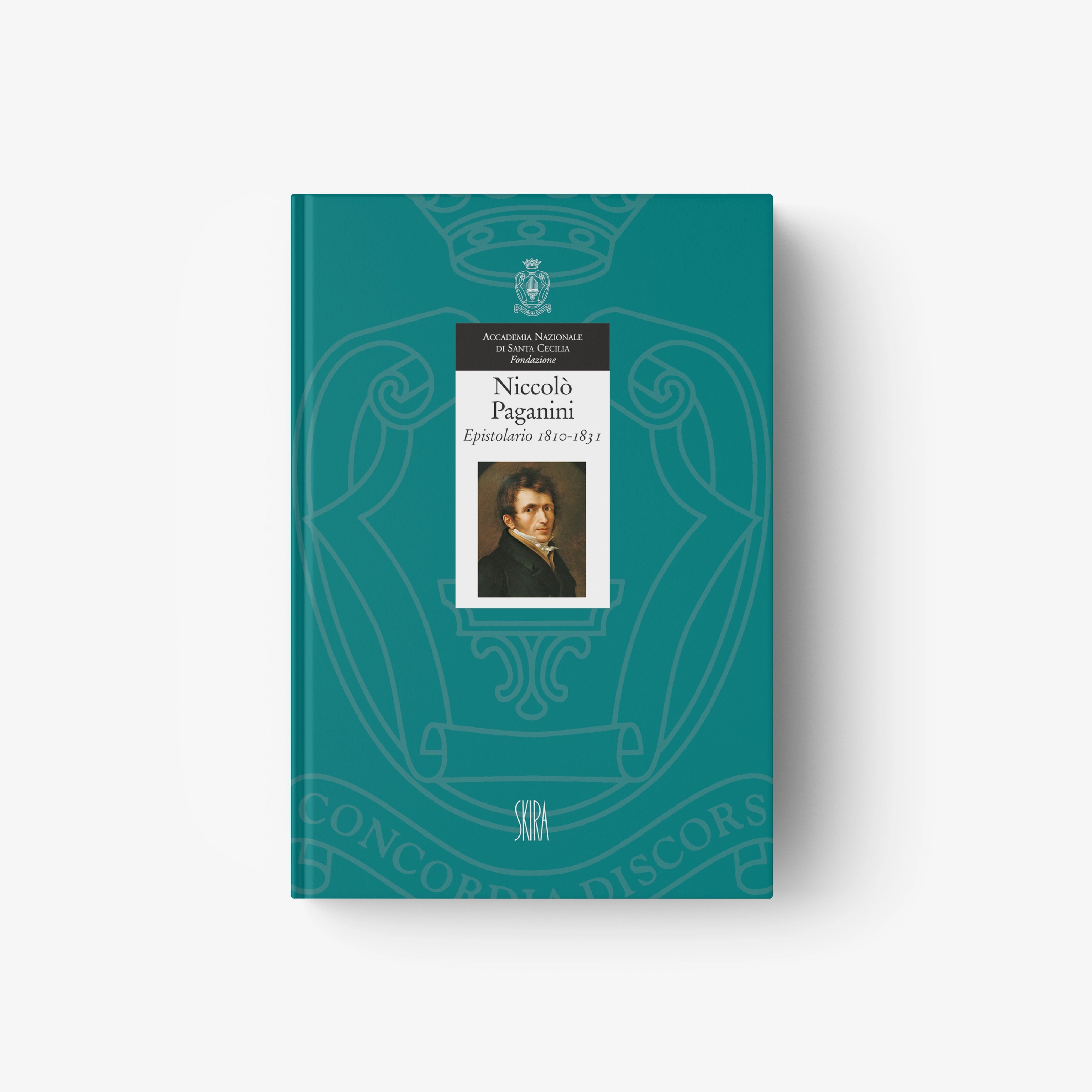 Teal hardback book cover with ornate line art and portrait; title text centered