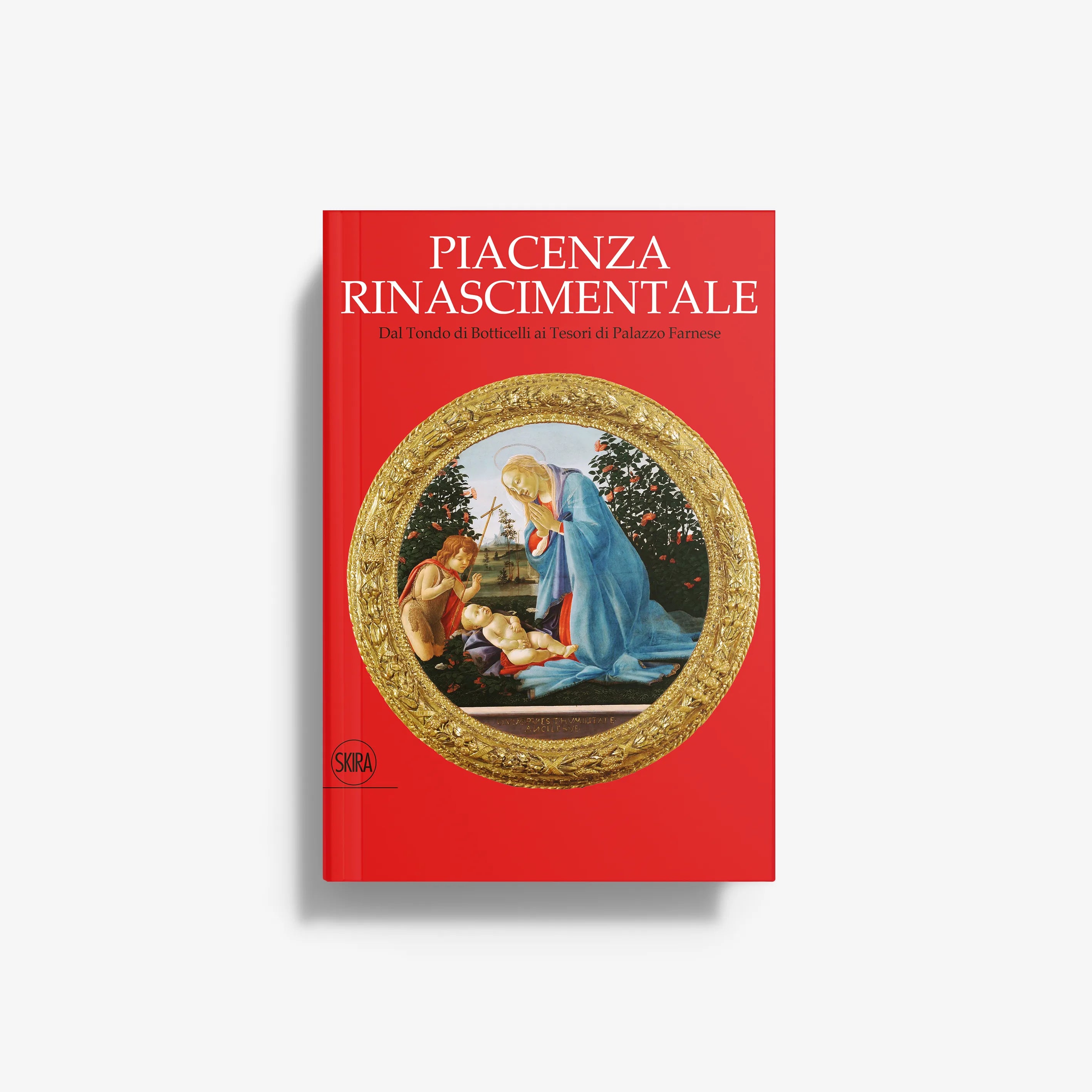 Red hardcover book with gold circular framed painting on the front cover