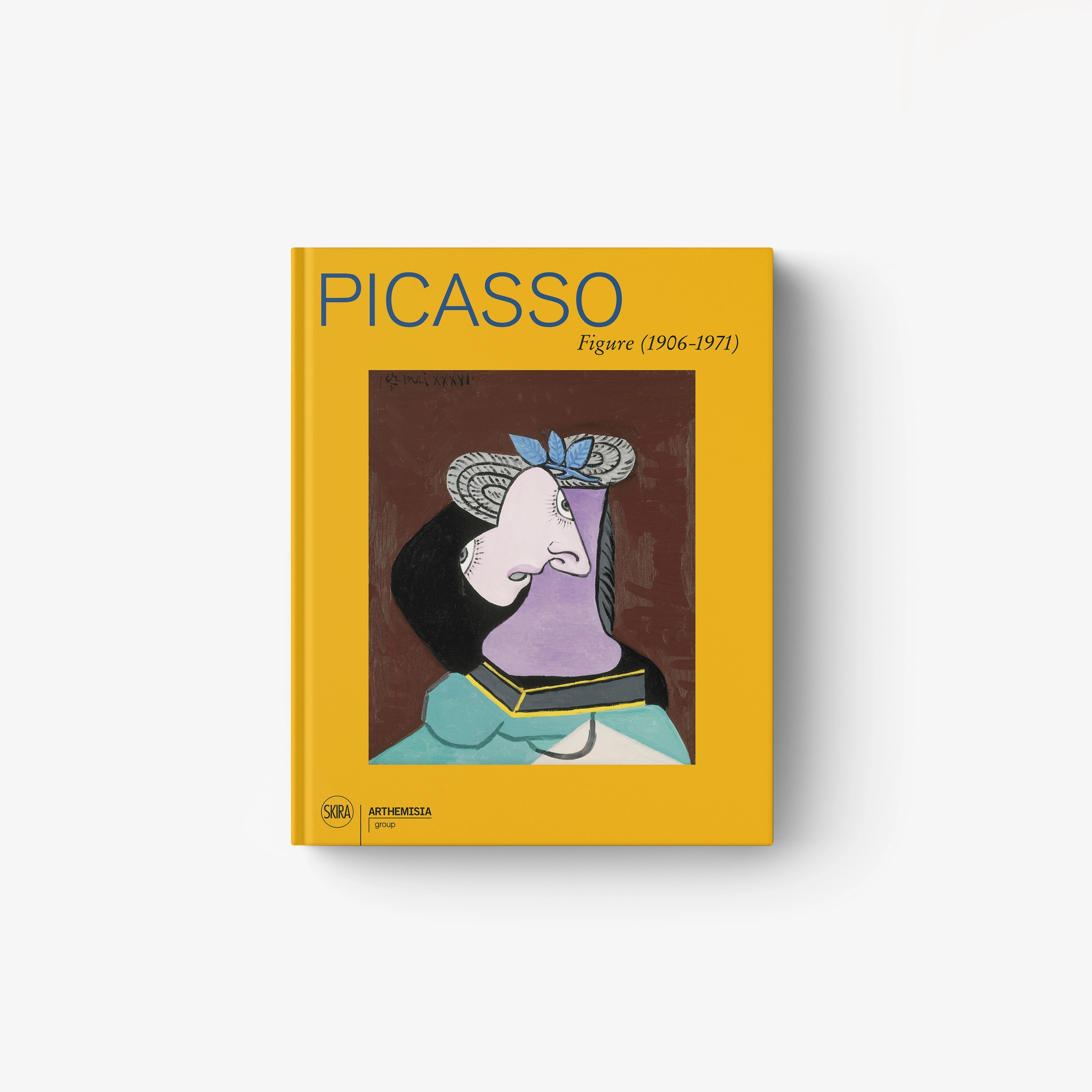 Hardcover art book with Picasso figure cover, yellow frame and illustrated portrait