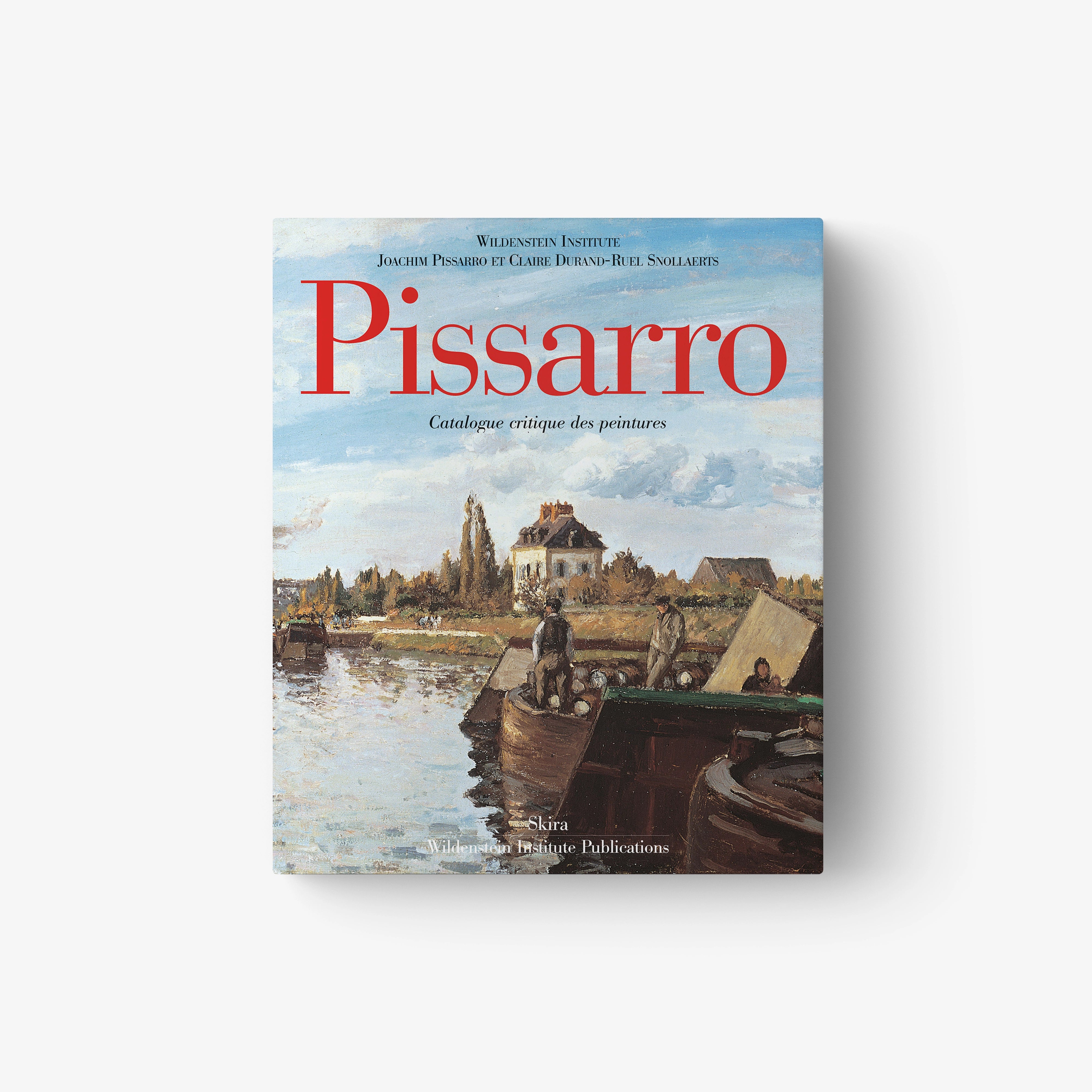 Pissarro art catalogue book with illustrated painting cover and red title text
