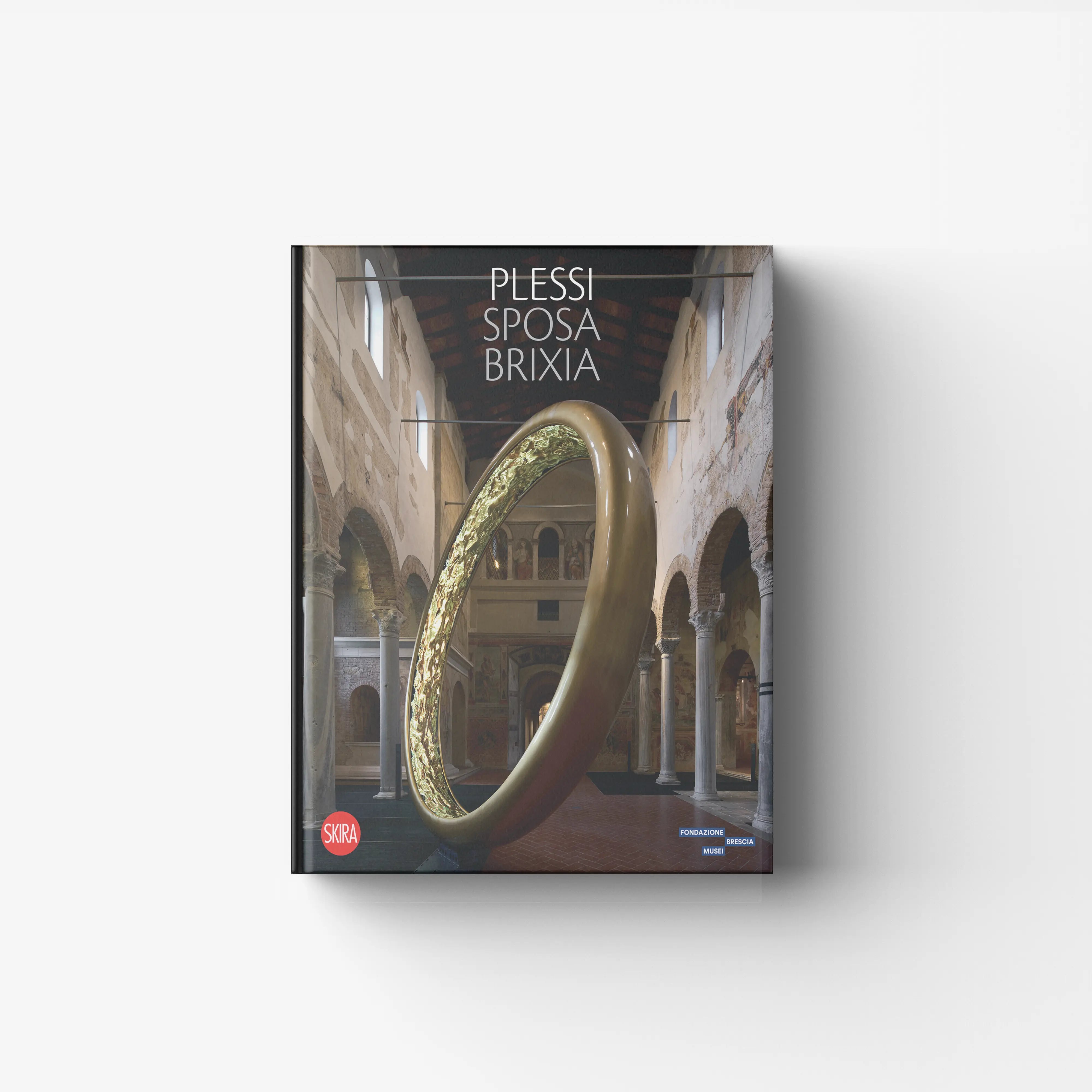 Contemporary art book with gold sculptural arch and white title text, Skira Arte, Plessi sposa Brixia, videoproiezioni and digital walls