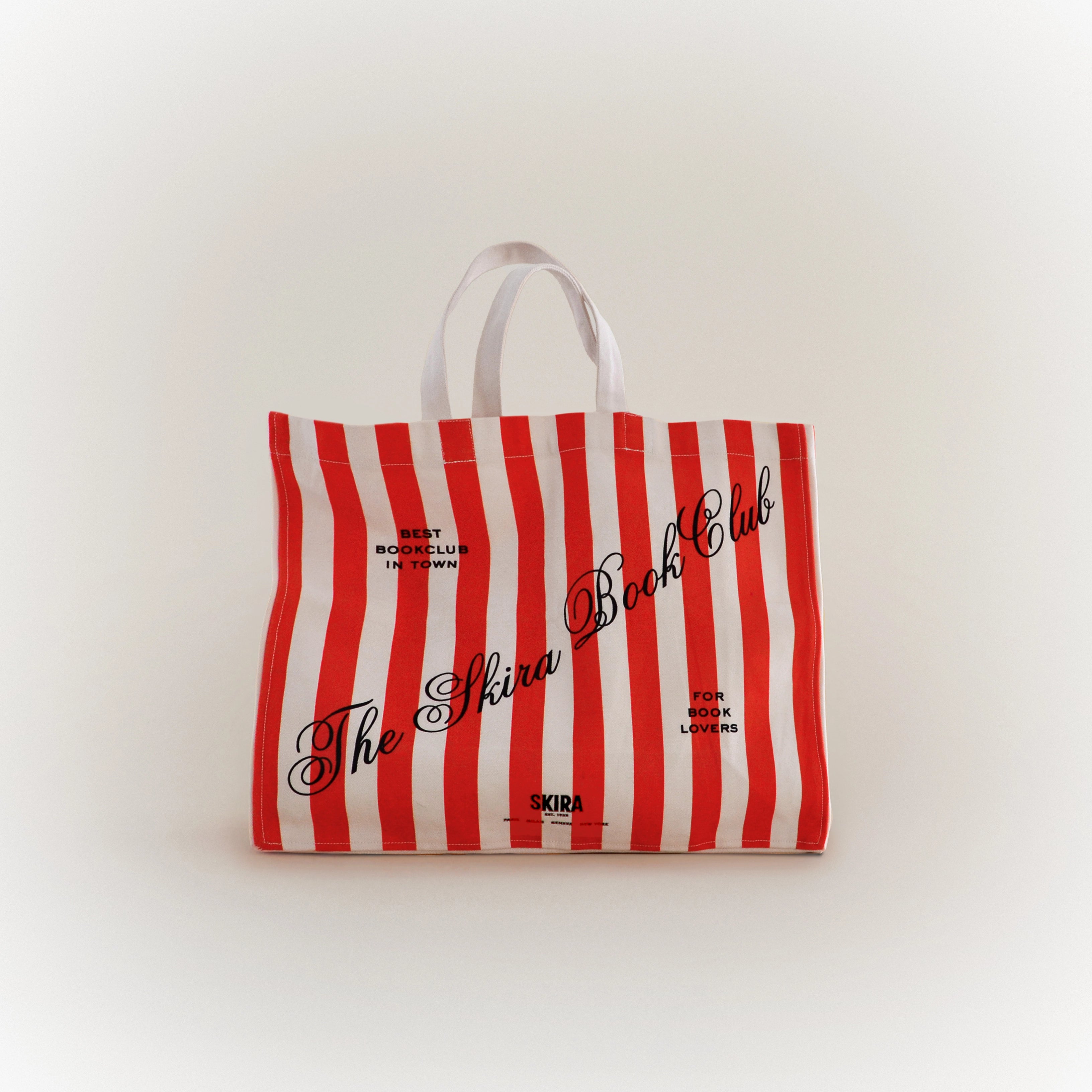 Striped red and white tote bag with Skira book club print and fabric handles