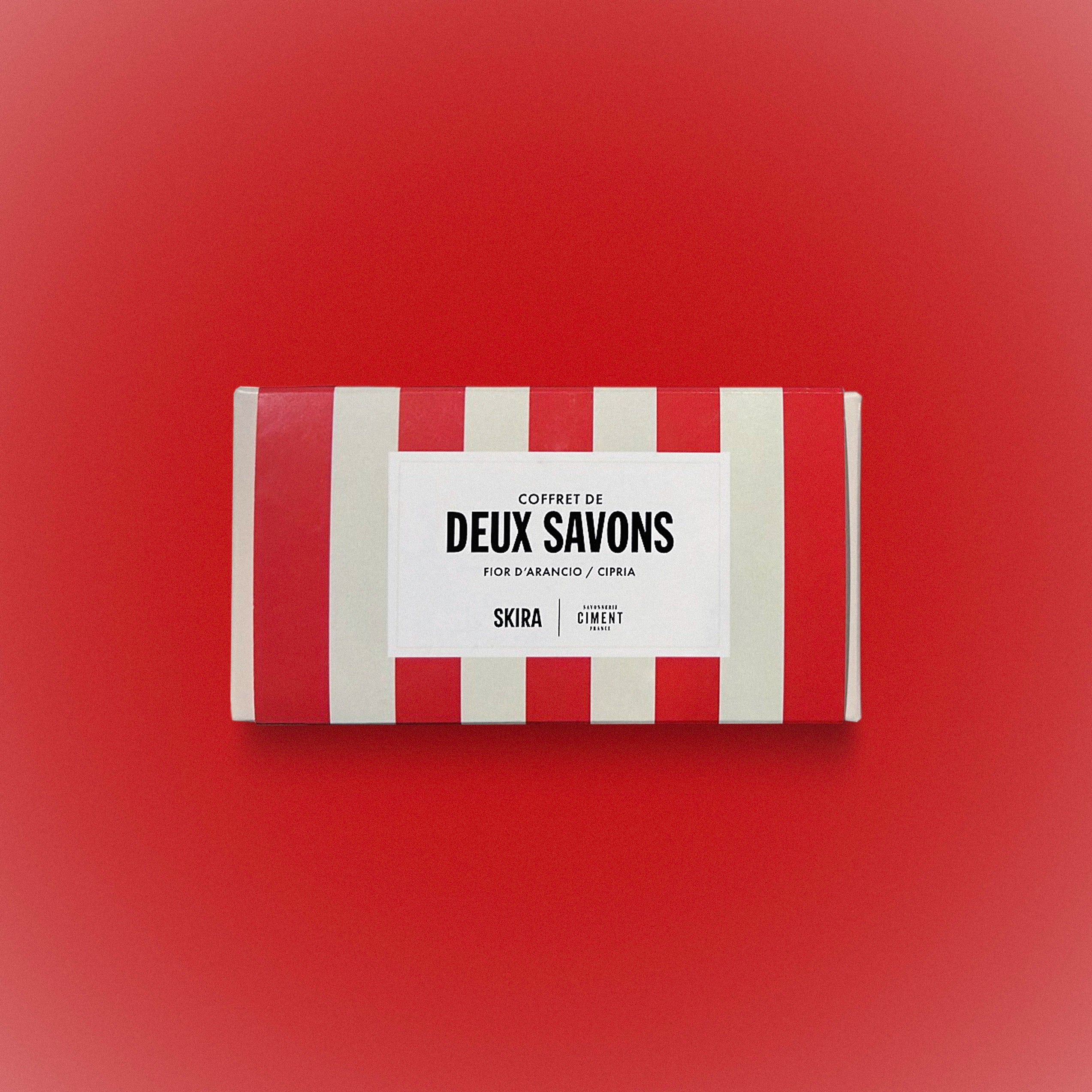 Soap duo gift box with red and white striped sleeve and SKIRA CIMENT label