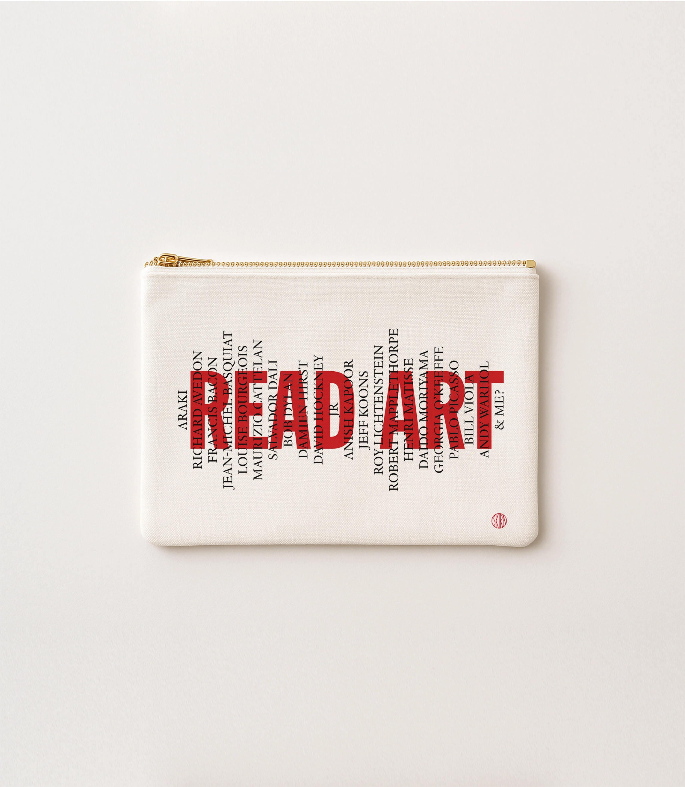 White fabric art text zip pouch with gold zipper