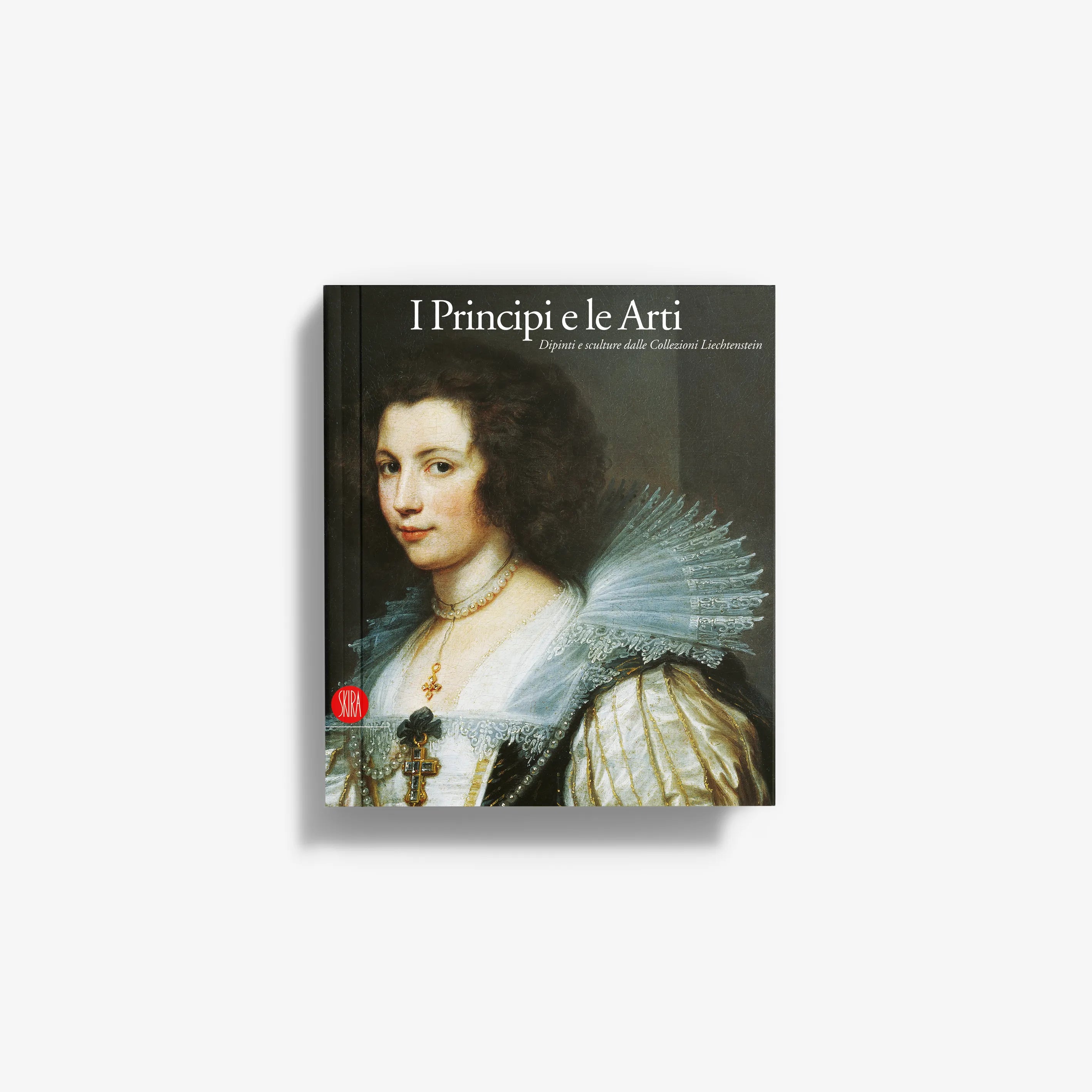 Art history book cover with woman portrait and feather fan on dark green background