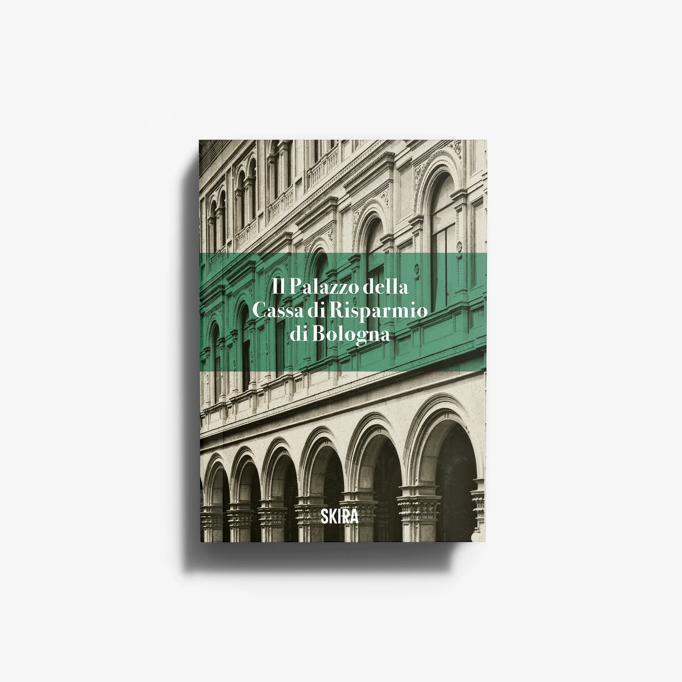 Architectural book cover with stone building facade, green band, and arched windows