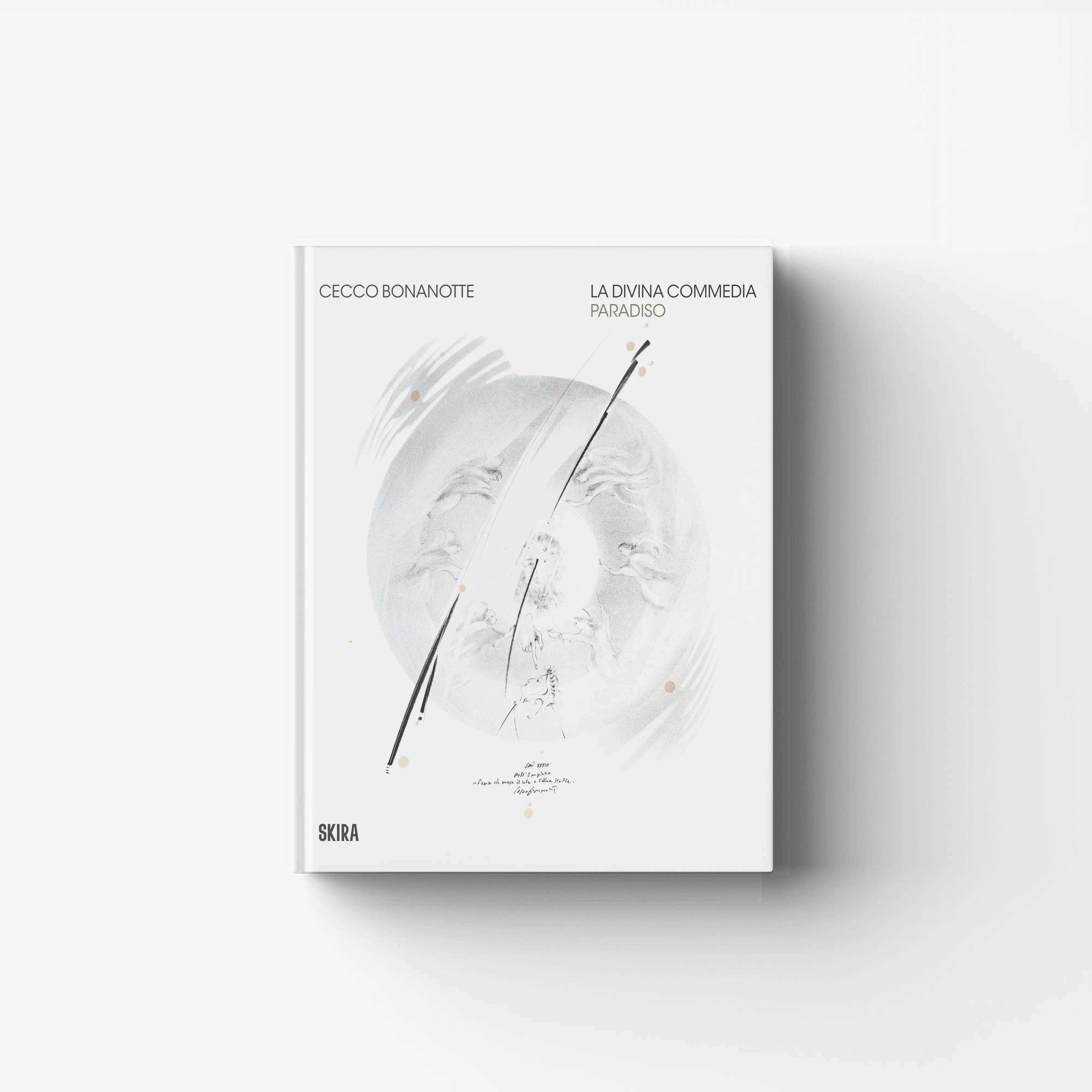 Illustrated art book cover in light grey with pencils, graphite and charcoal, Skira Arte, Cecco Bonanotte La Divina Commedia