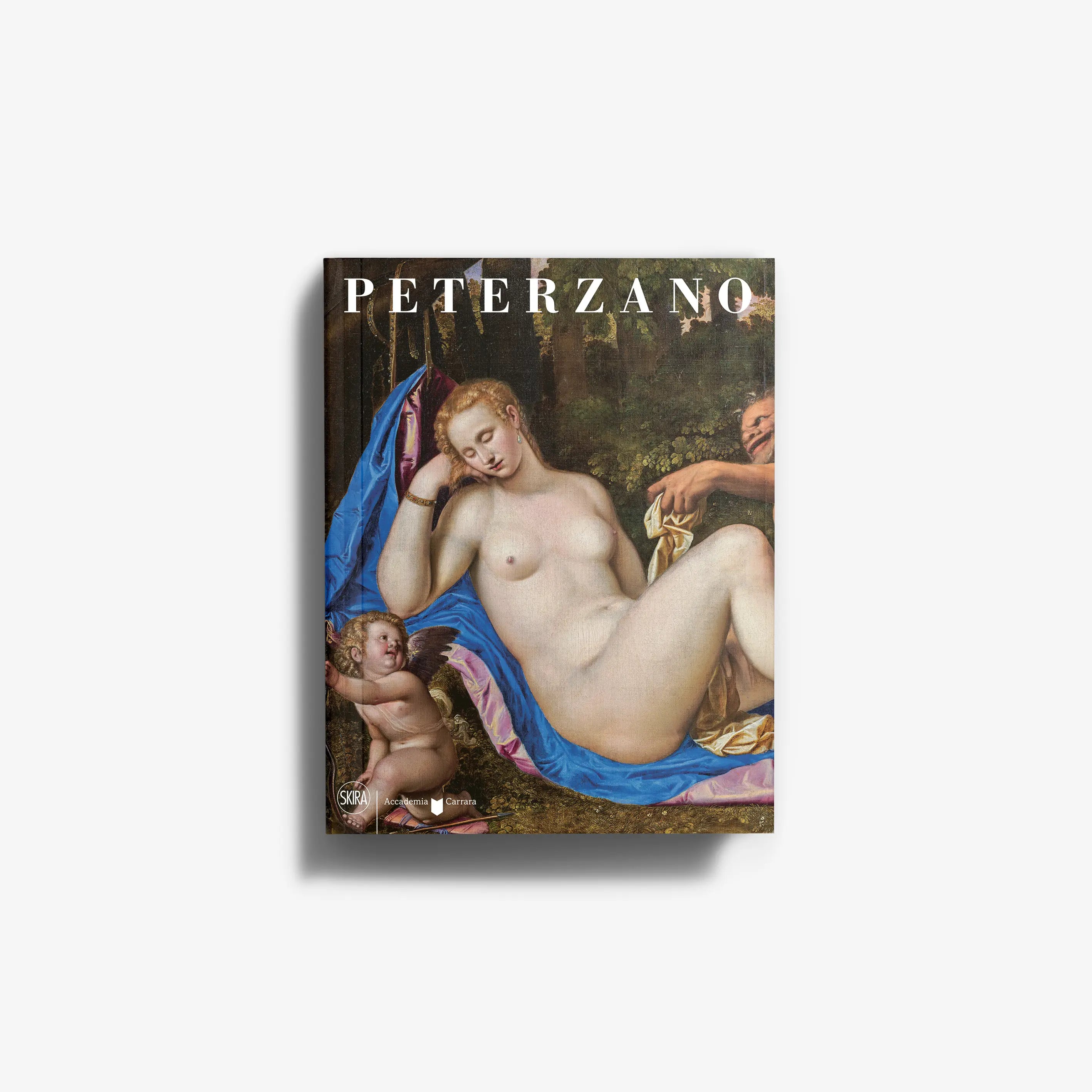 Classic art painting featuring a reclining nude woman with a cherub holding a blue drape.
