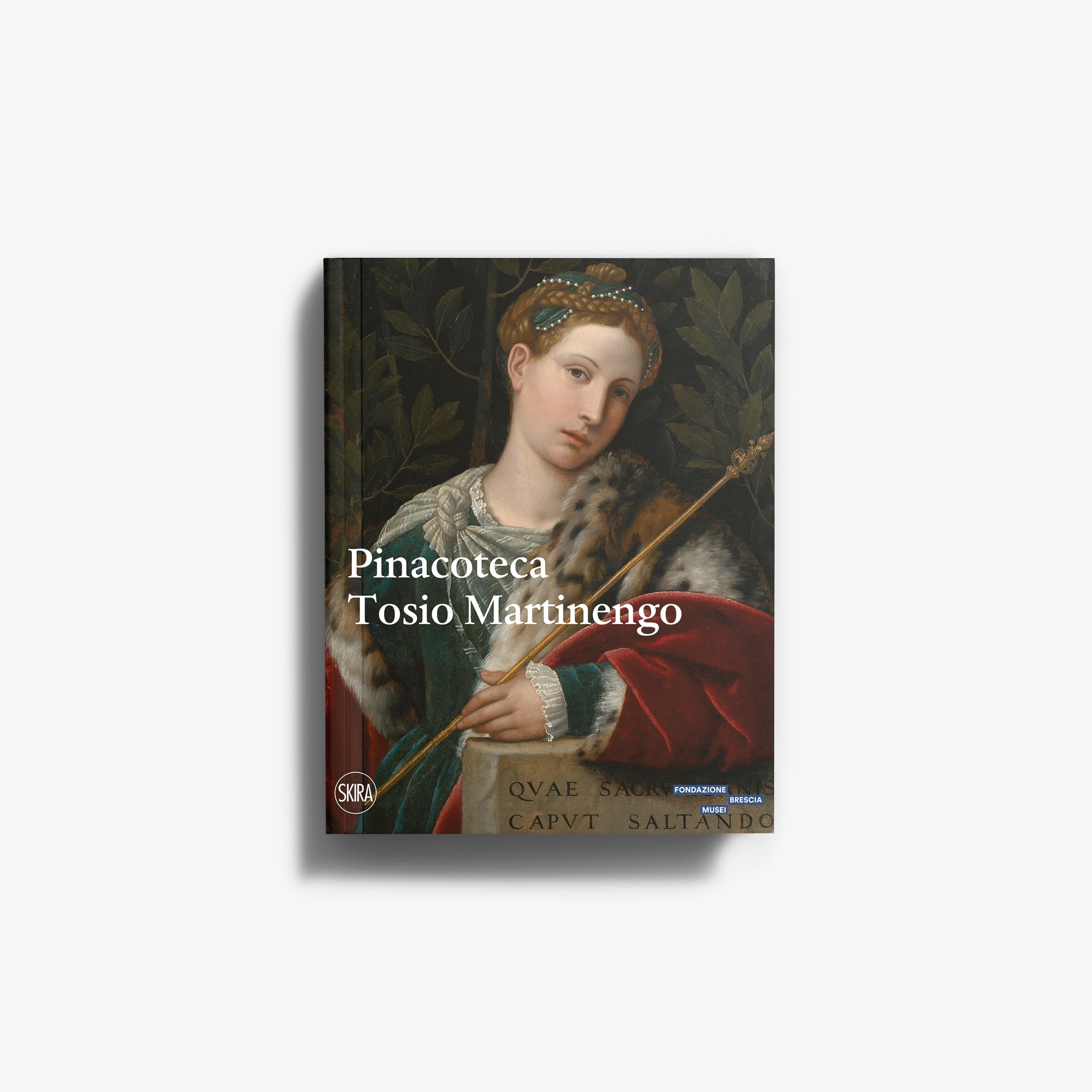 Art book cover in dark green and red with portrait painting, Skira Arte Pinacoteca Tosio Martinengo, libro d'arte illustrato