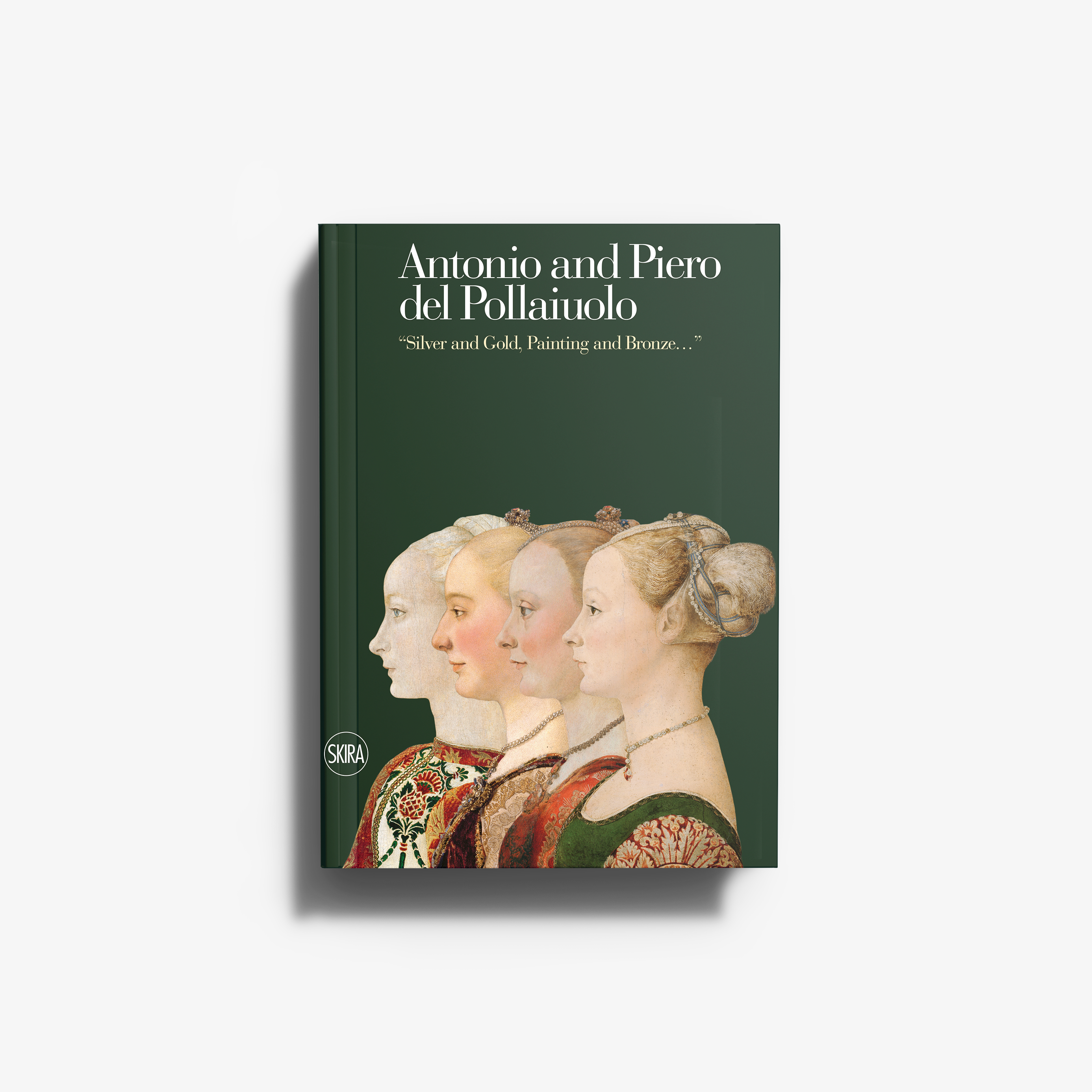 Hardcover art book cover with green design and four painted female portraits