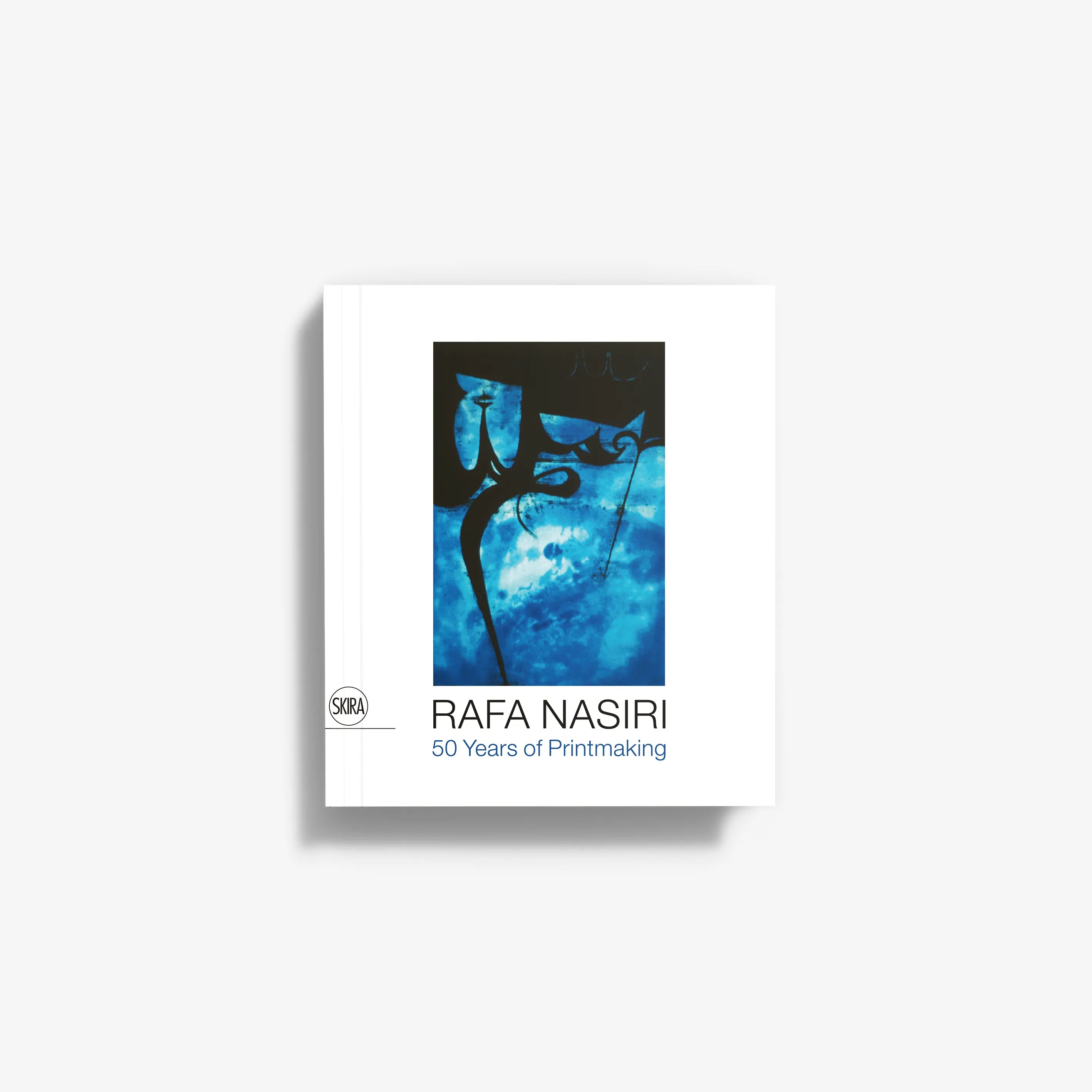 Art book cover: Rafa Nasiri 50 Years of Printmaking with blue butterfly portrait