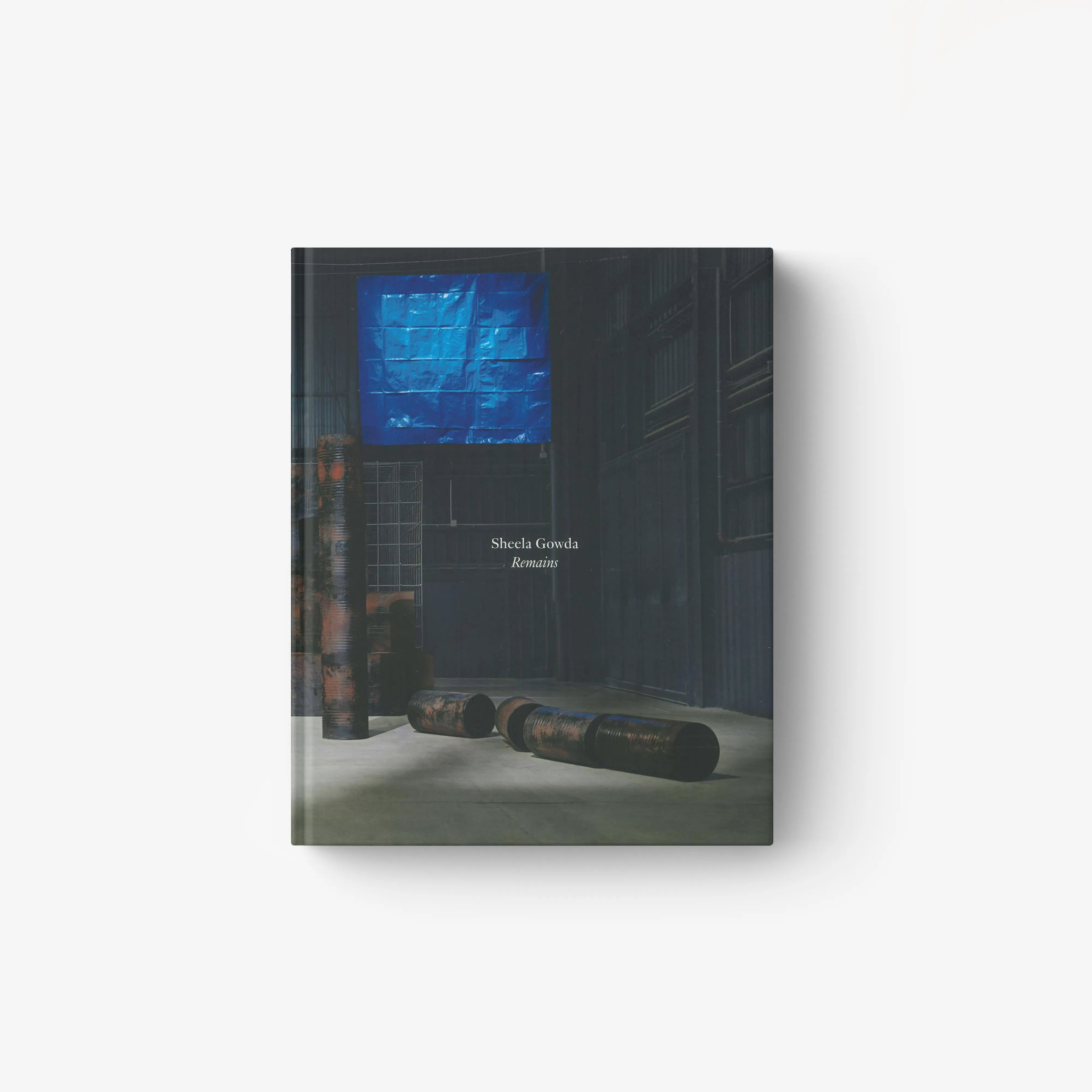 Contemporary art book by Skira Arte, Sheela Gowda Remains, dark cover with blue abstract artwork and text on bottom