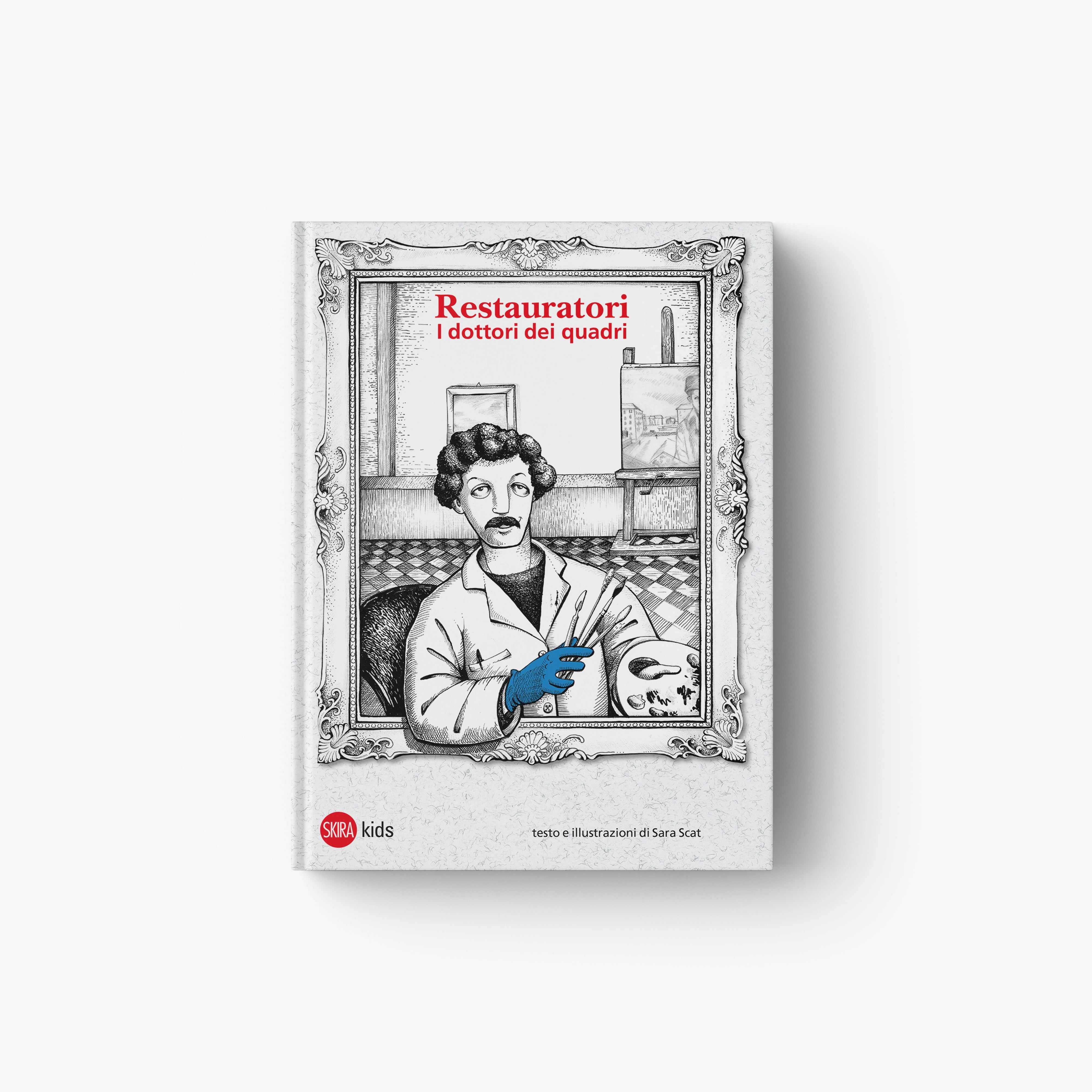 Children's book cover with illustrated art restorer, blue gloves and red title text