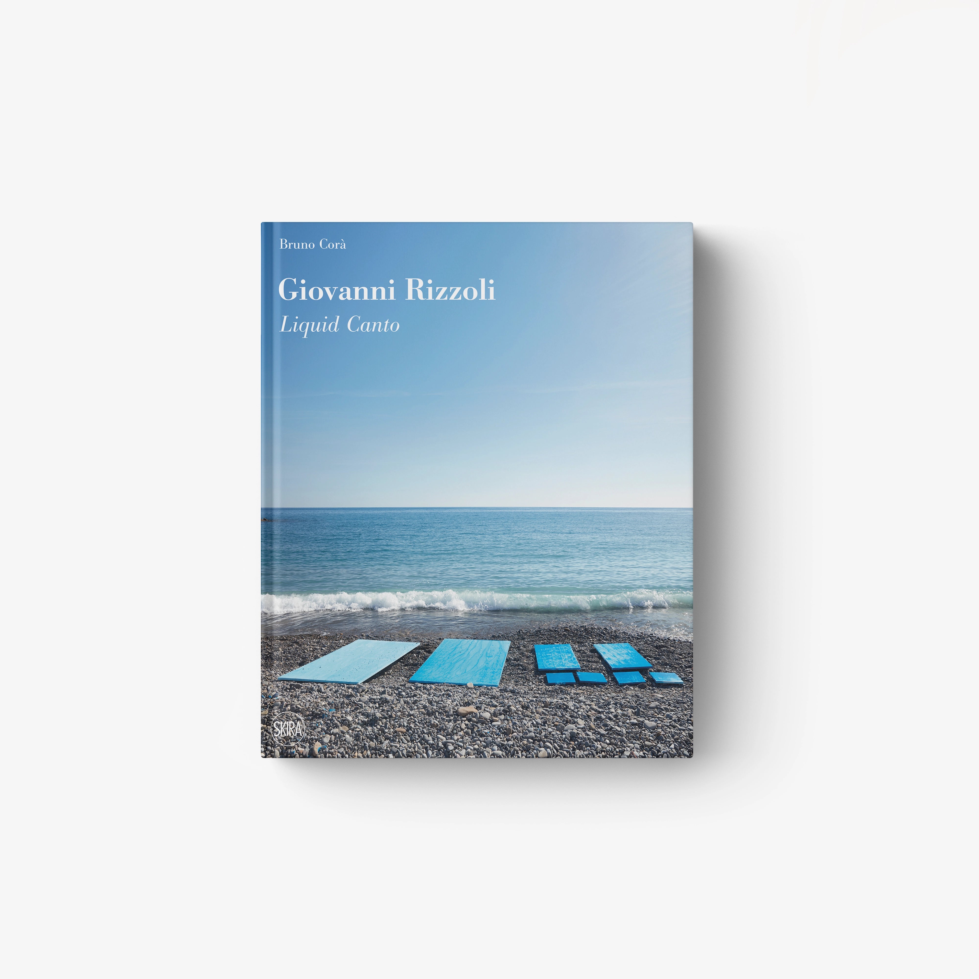 Book cover featuring a calm sea under a blue sky with six blue lounge chairs on a pebble beach.