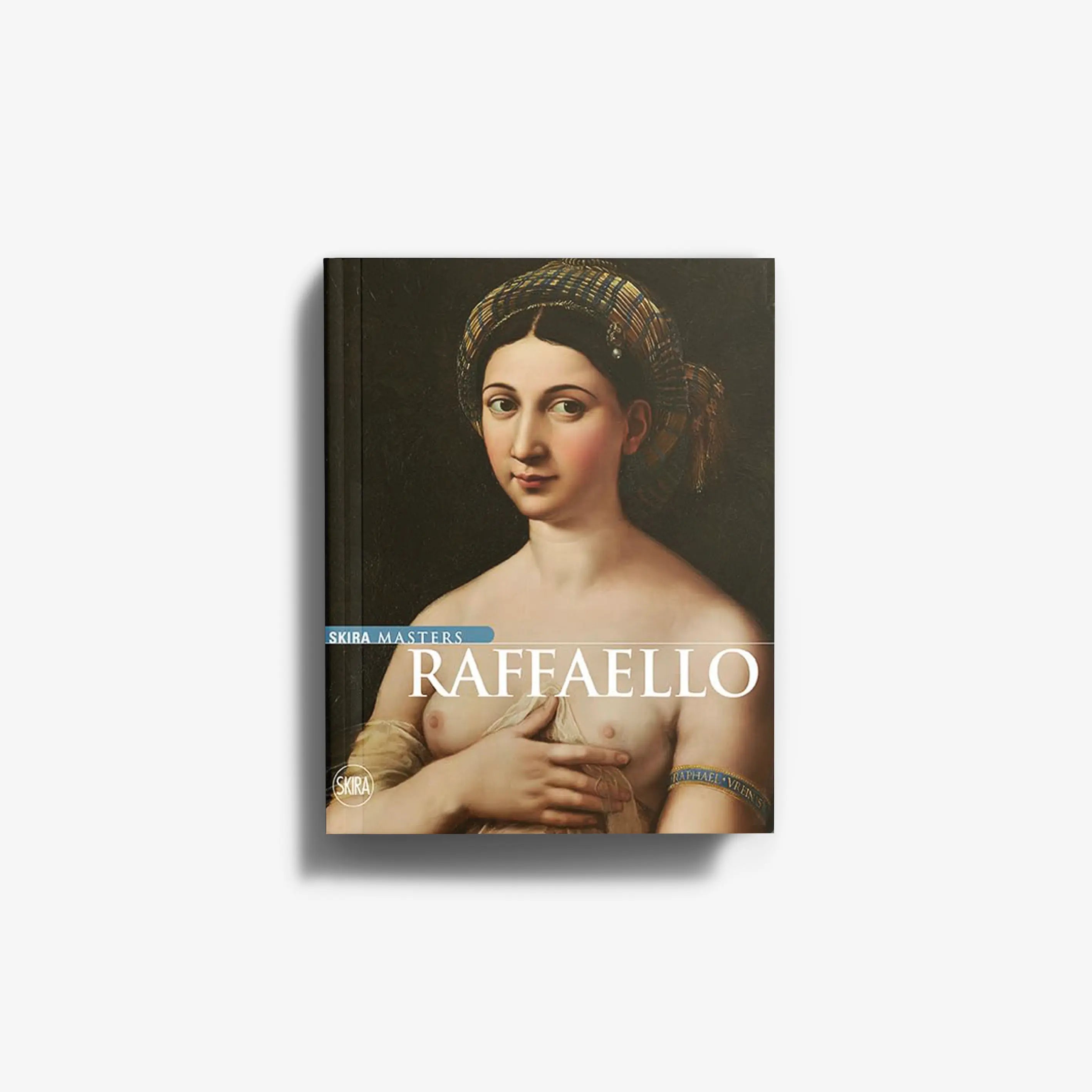Hardcover book titled "Raffaello" featuring a classical portrait of a woman with braided hair and a light draped garment.