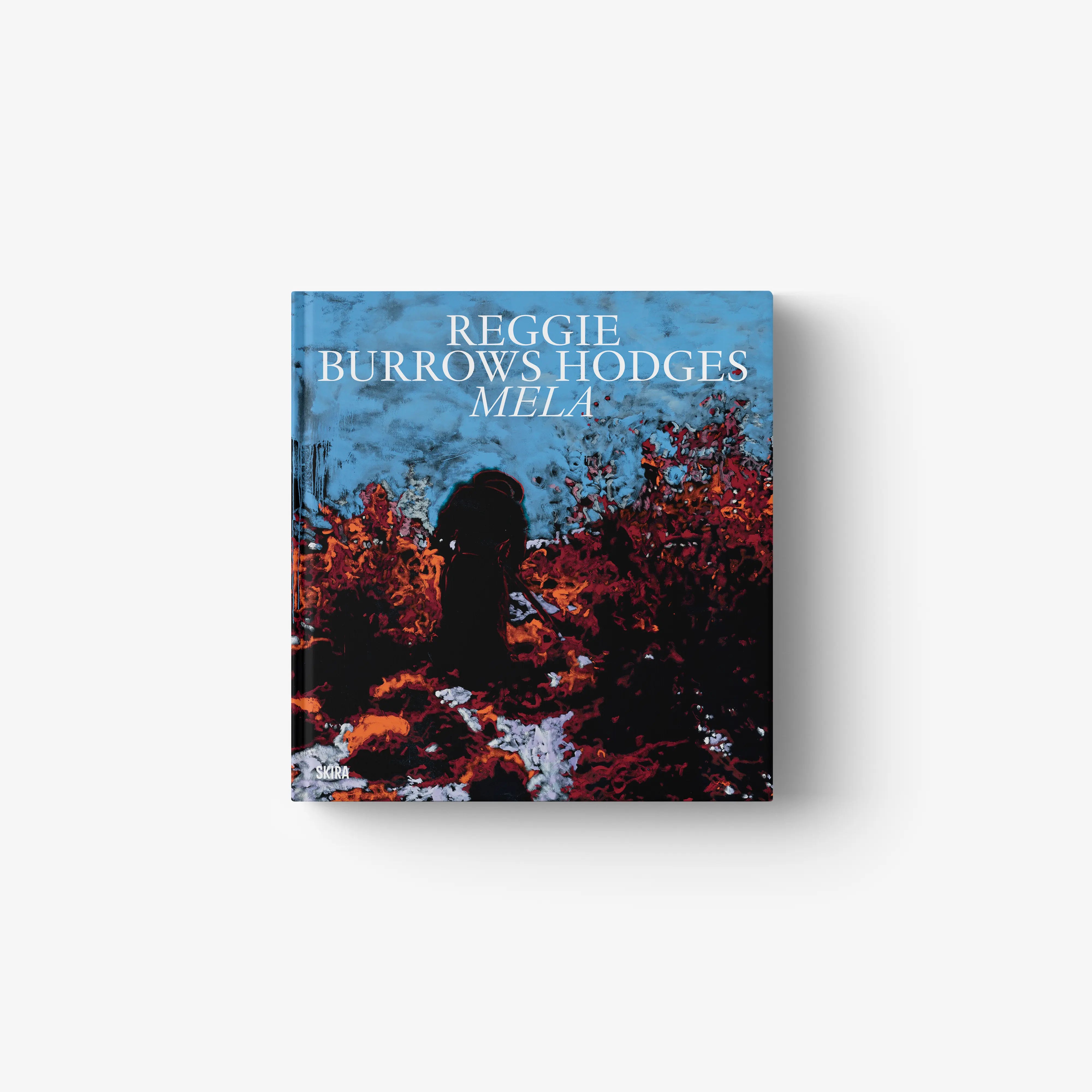 Printed book with blue and red abstract cover featuring silhouetted figure
